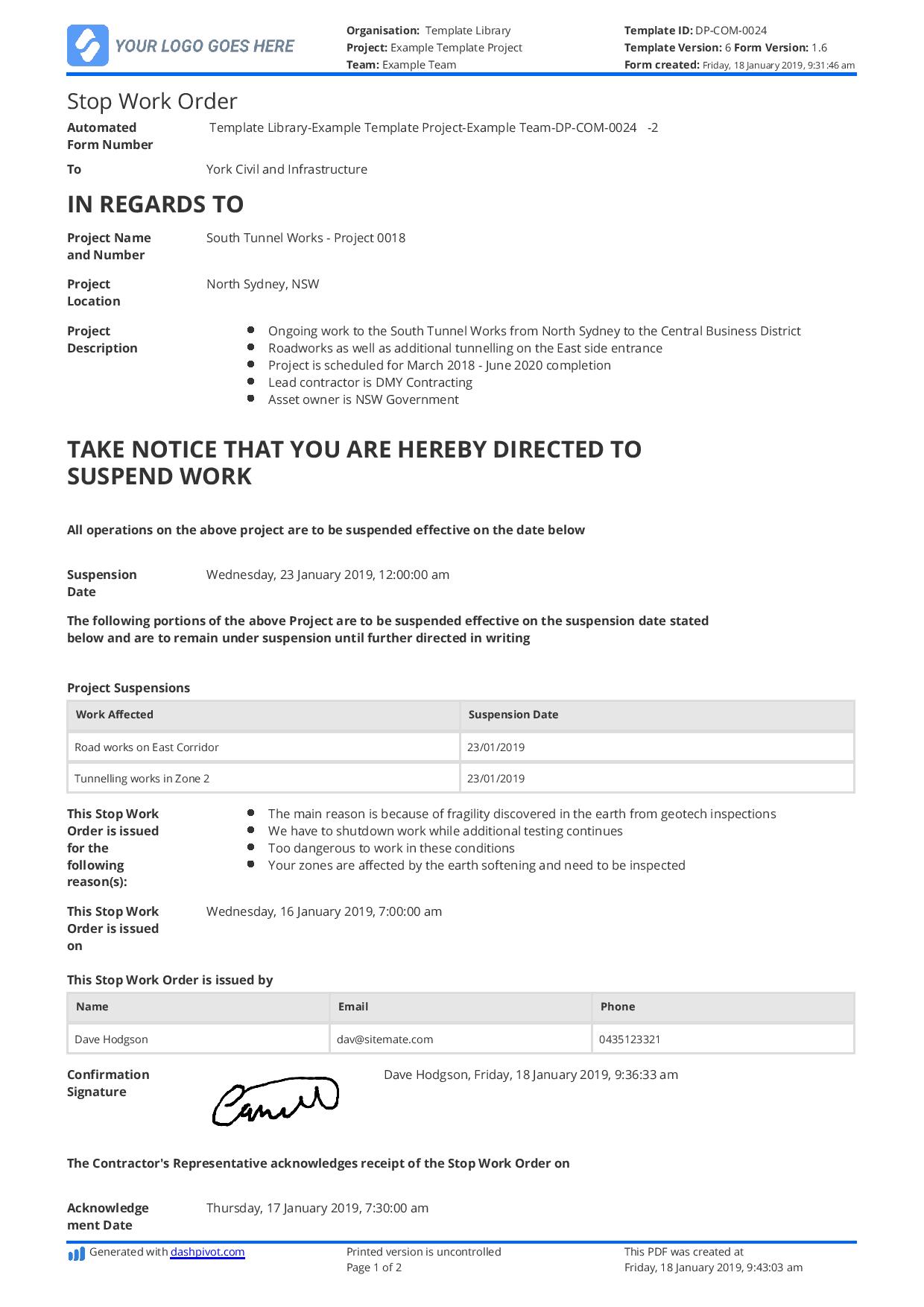Construction stop work order template