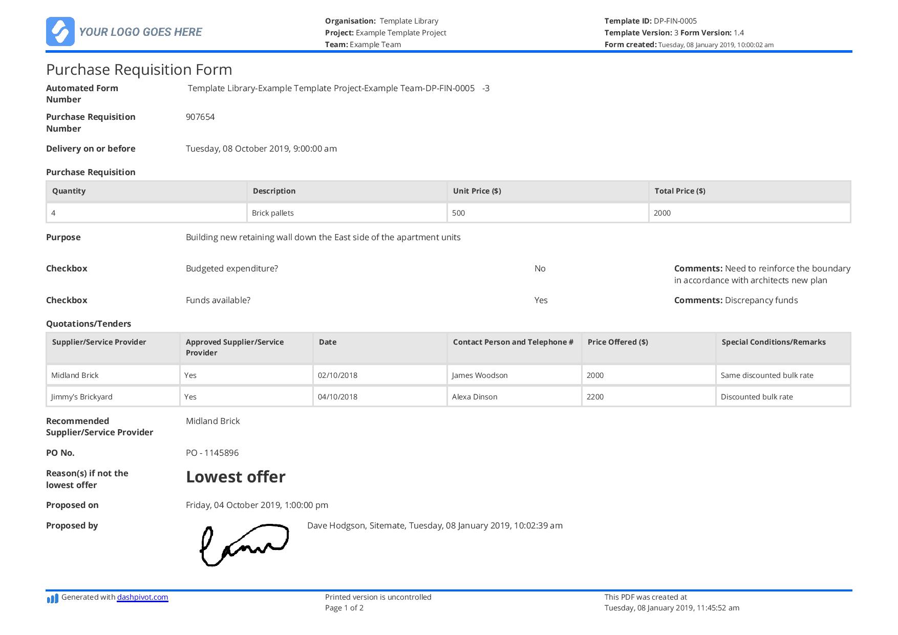 Purchase requisition form template