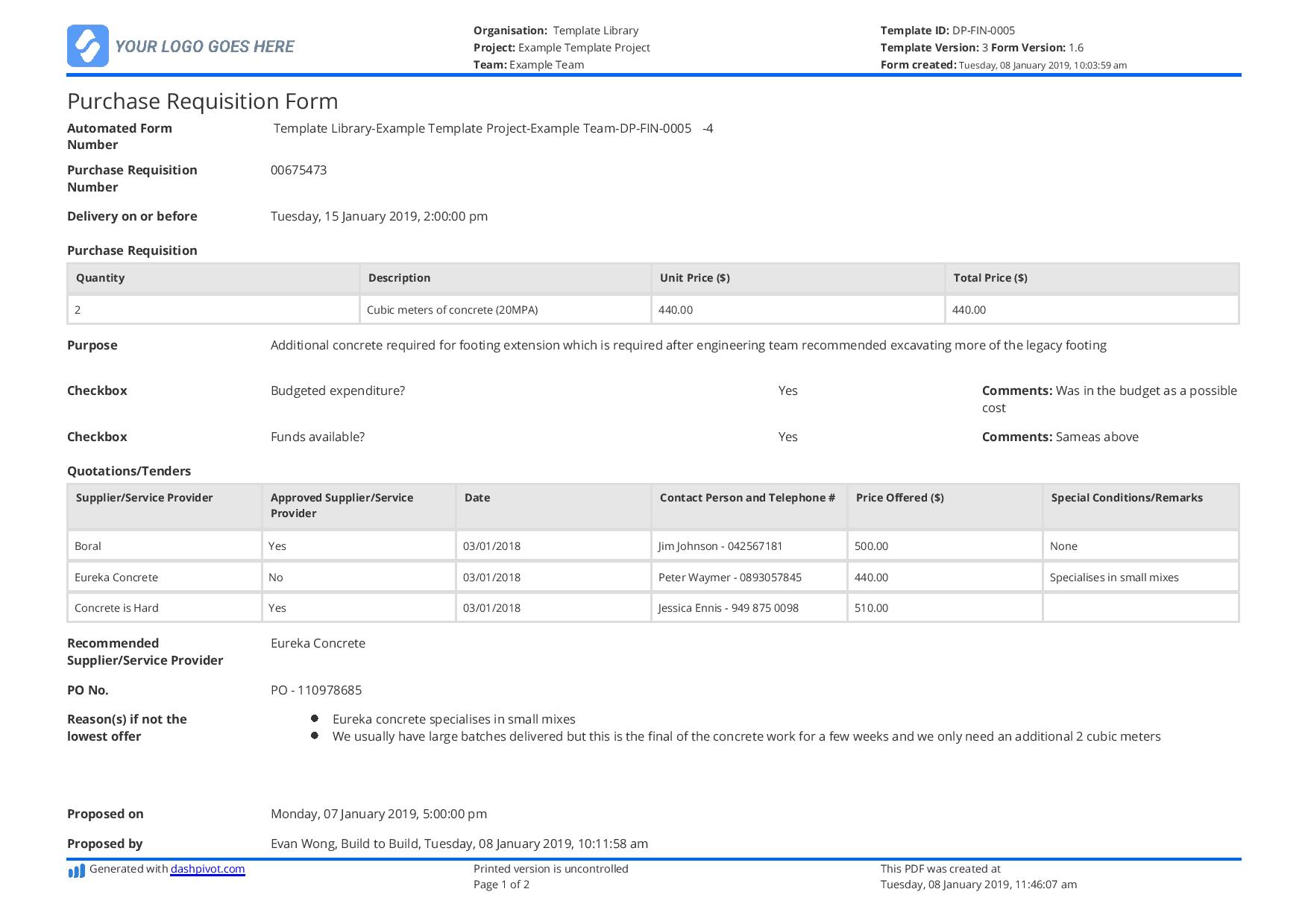 Simple purchase requisition form
