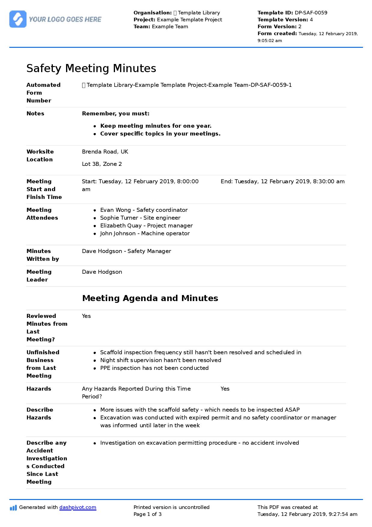 Safety meeting minutes template