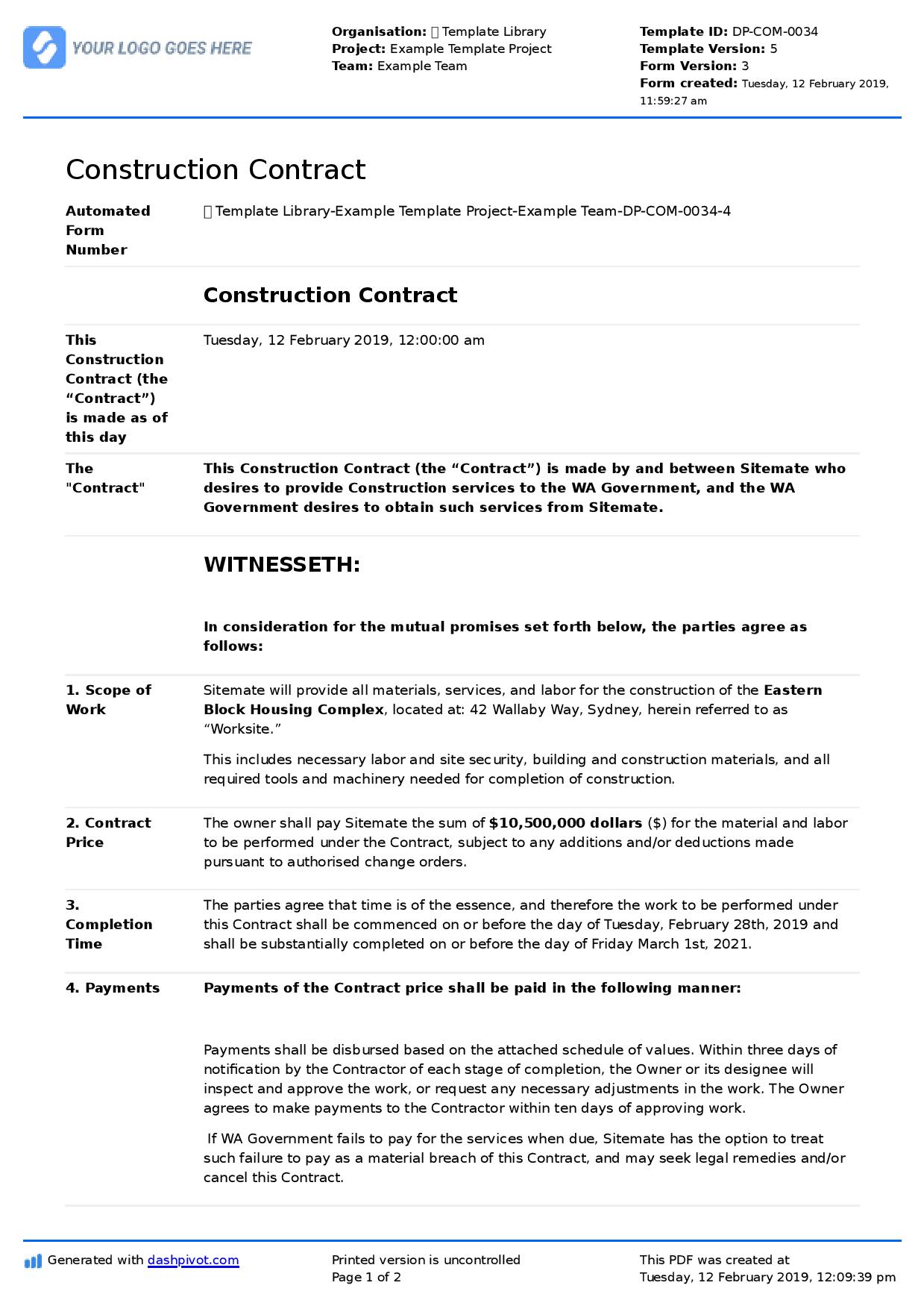 Construction contract sample