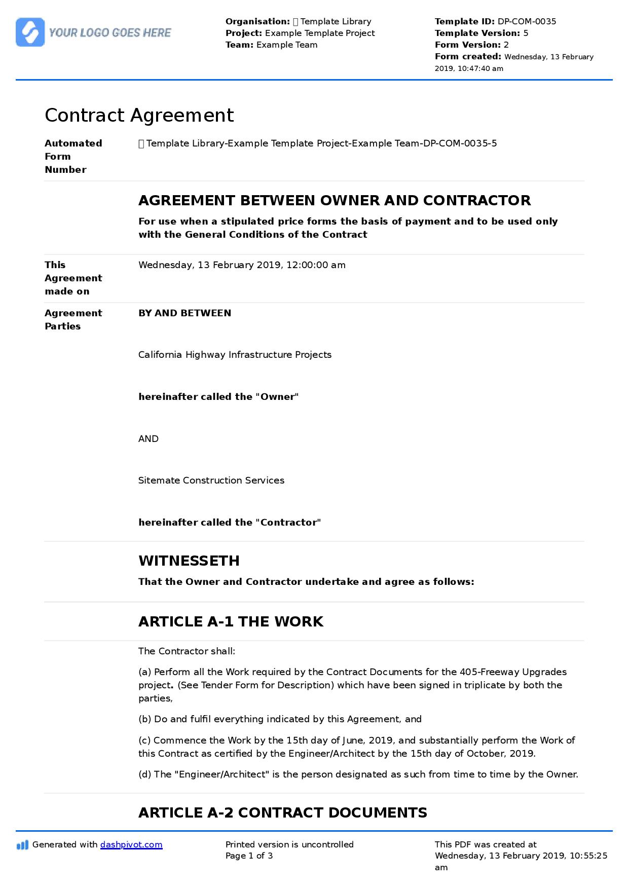 Contract agreement for construction work