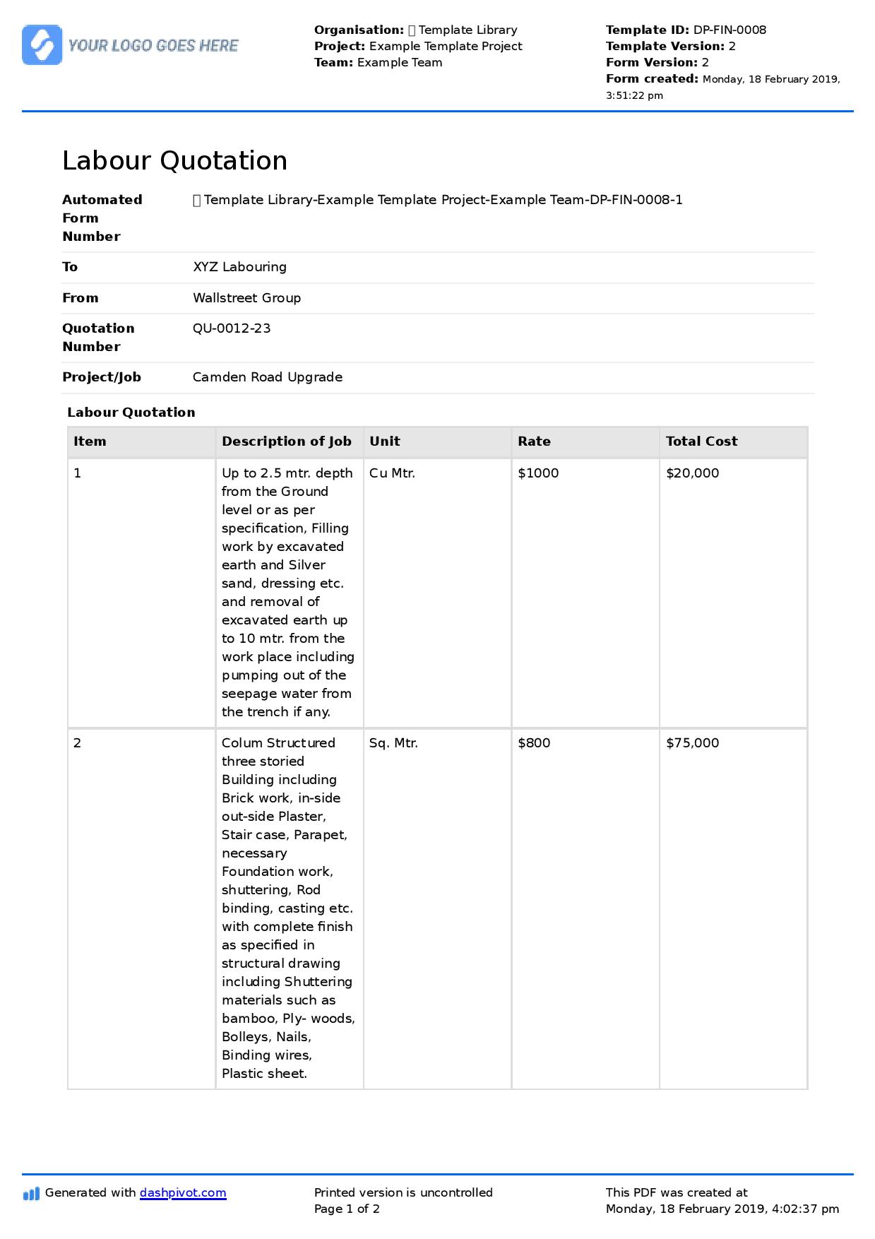 Labour Quotation for Building Construction template