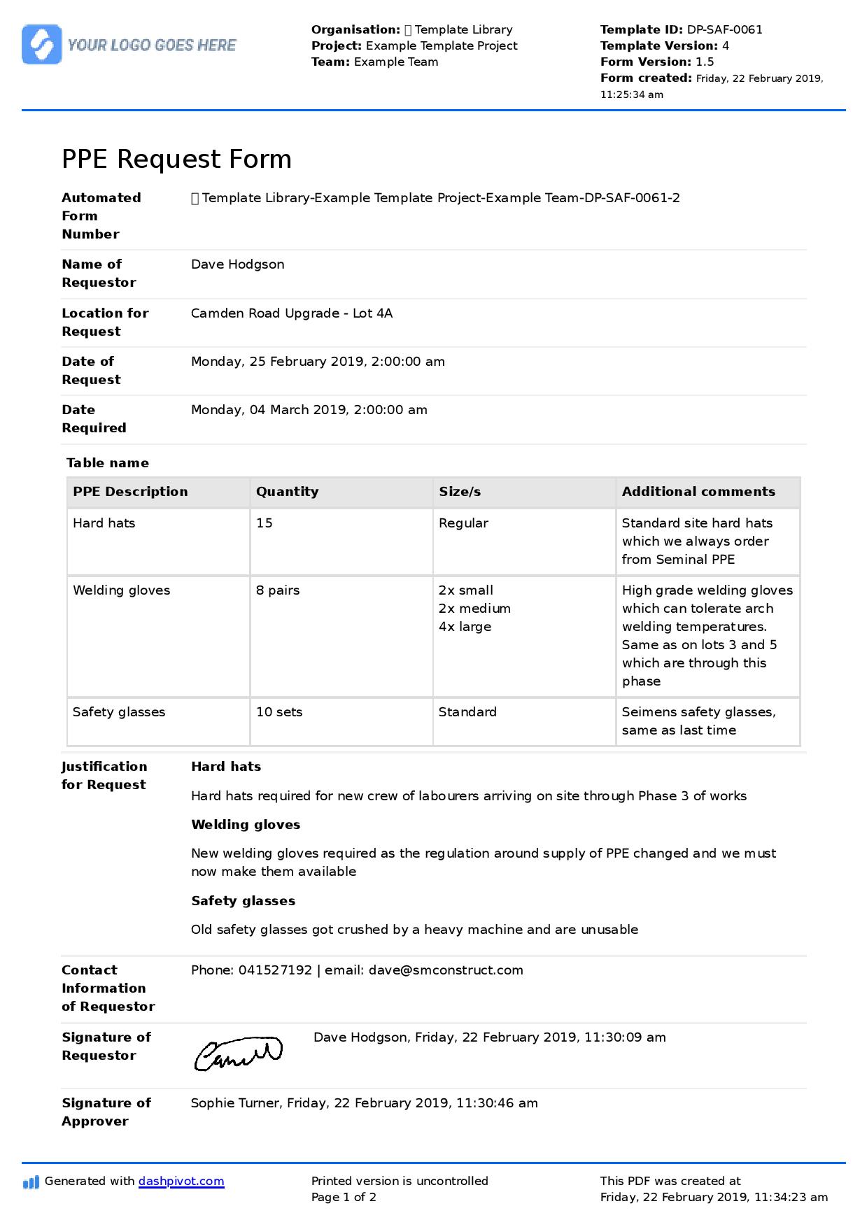 PPE request form template