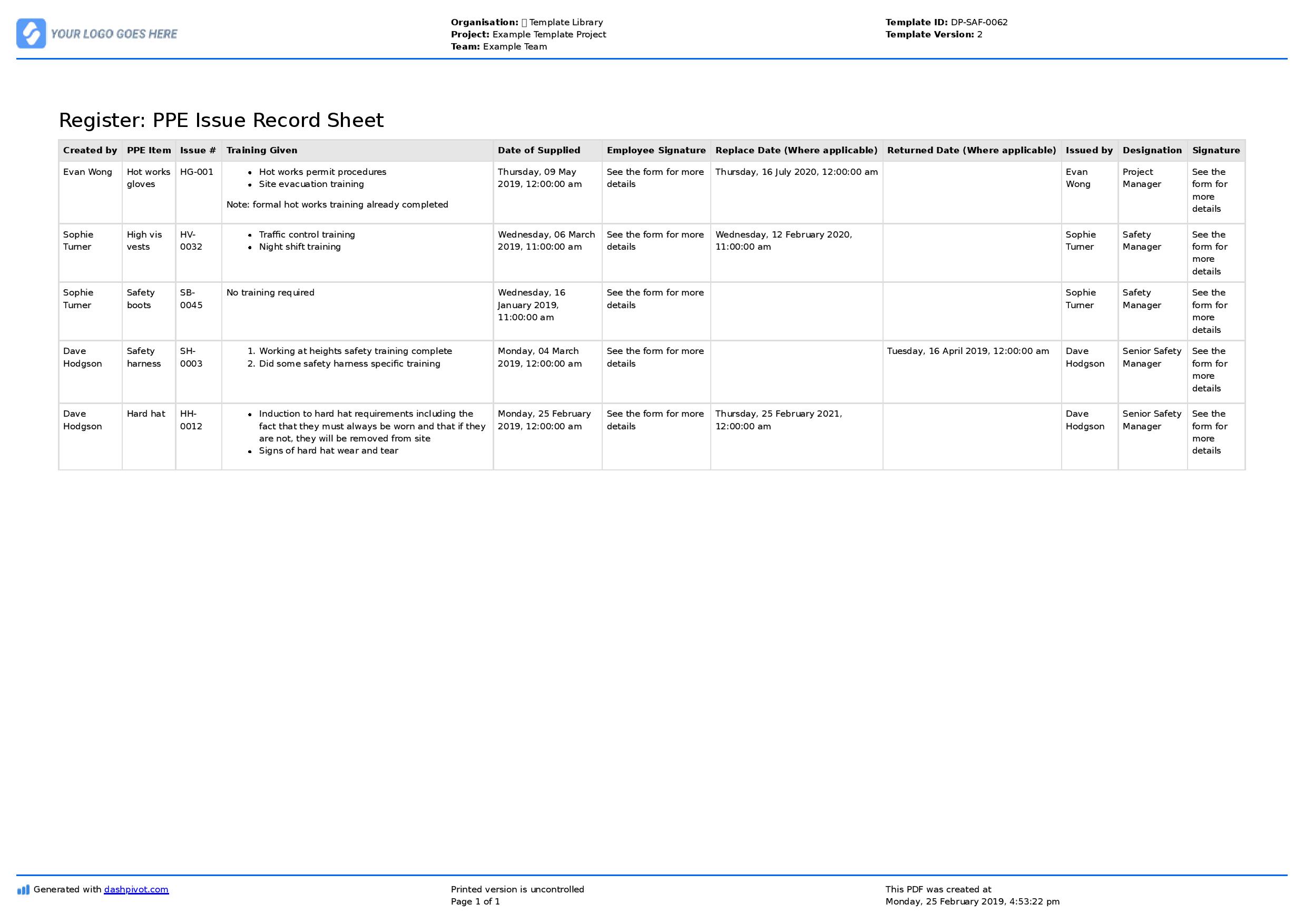 PPE issue record sheet template