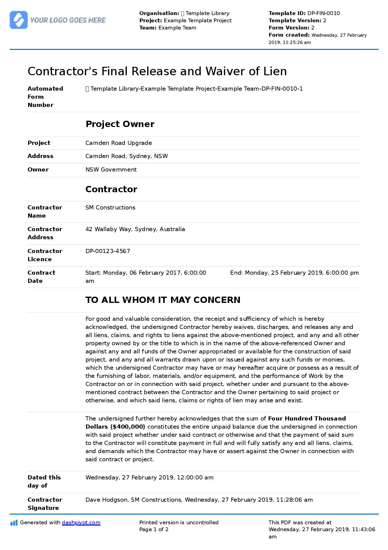 Contractors lien release form