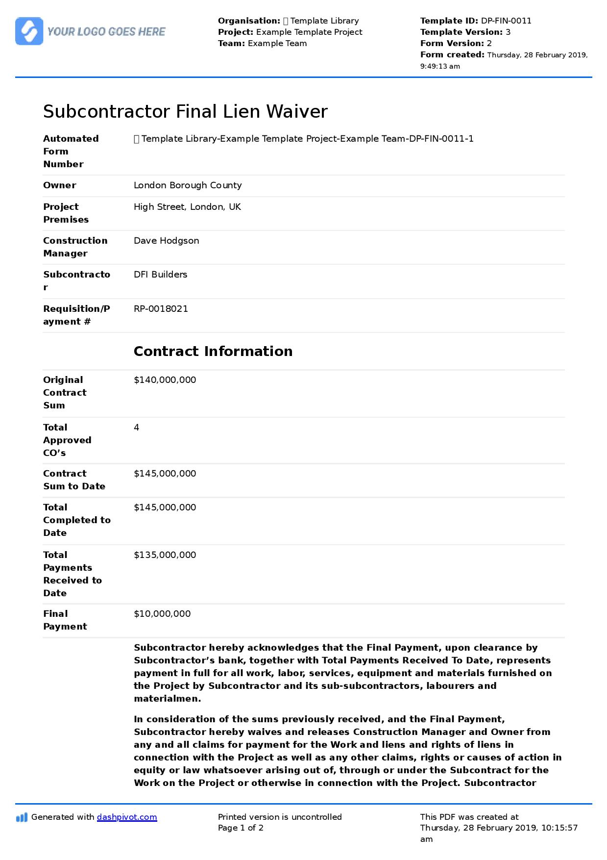 Subcontractr lien waiver form