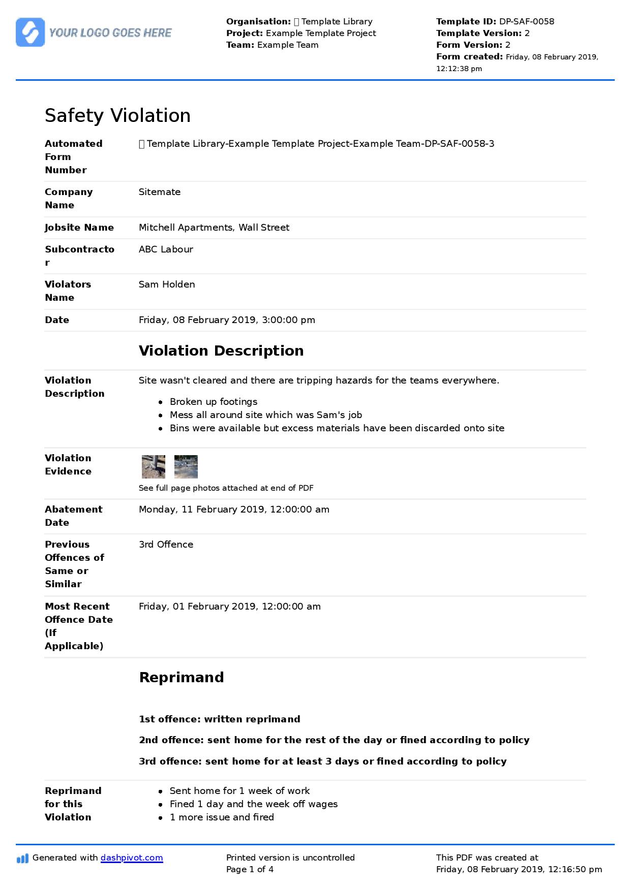 Safety violation template