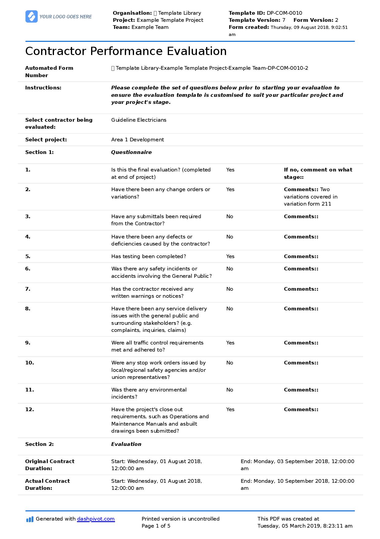 Contractor performance report template