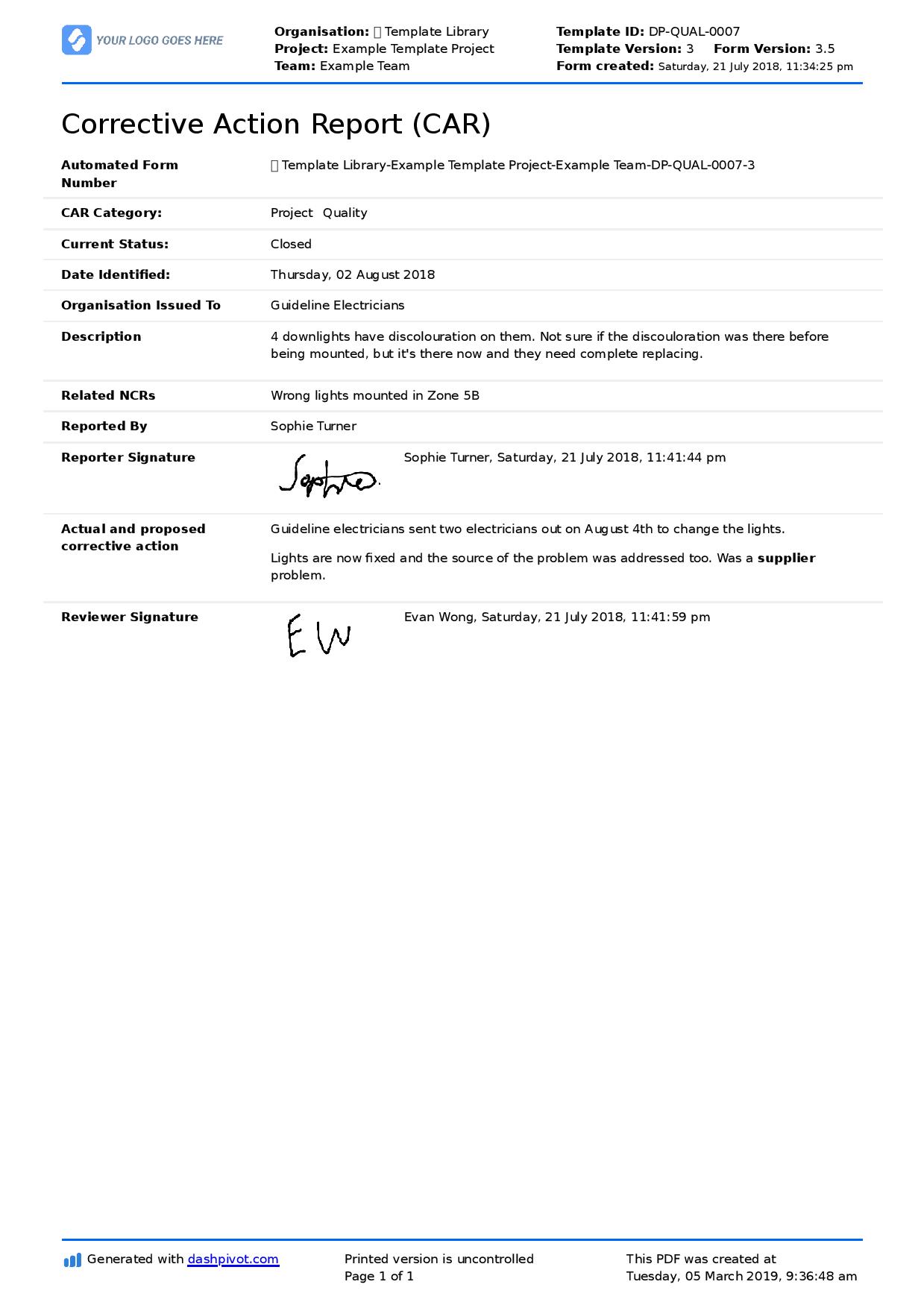 Corrective and preventative action example
