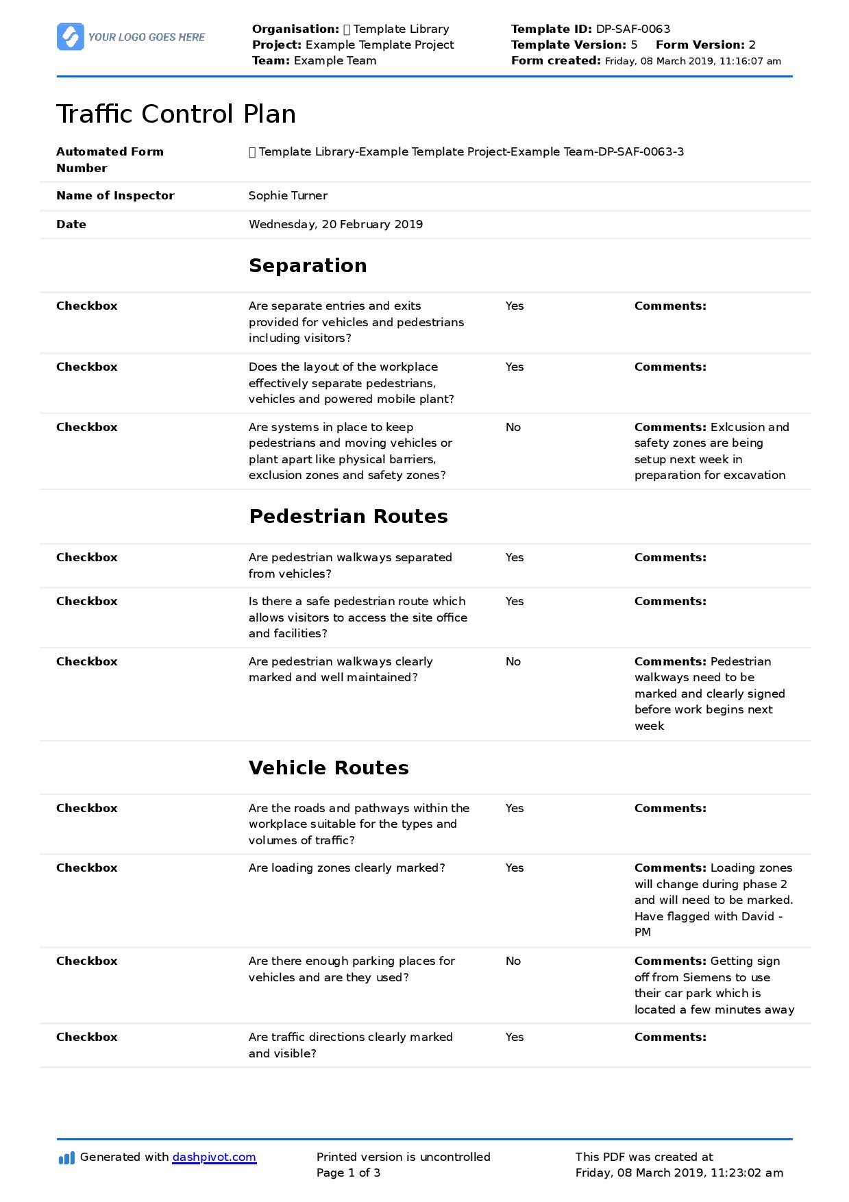 Traffic control plan template
