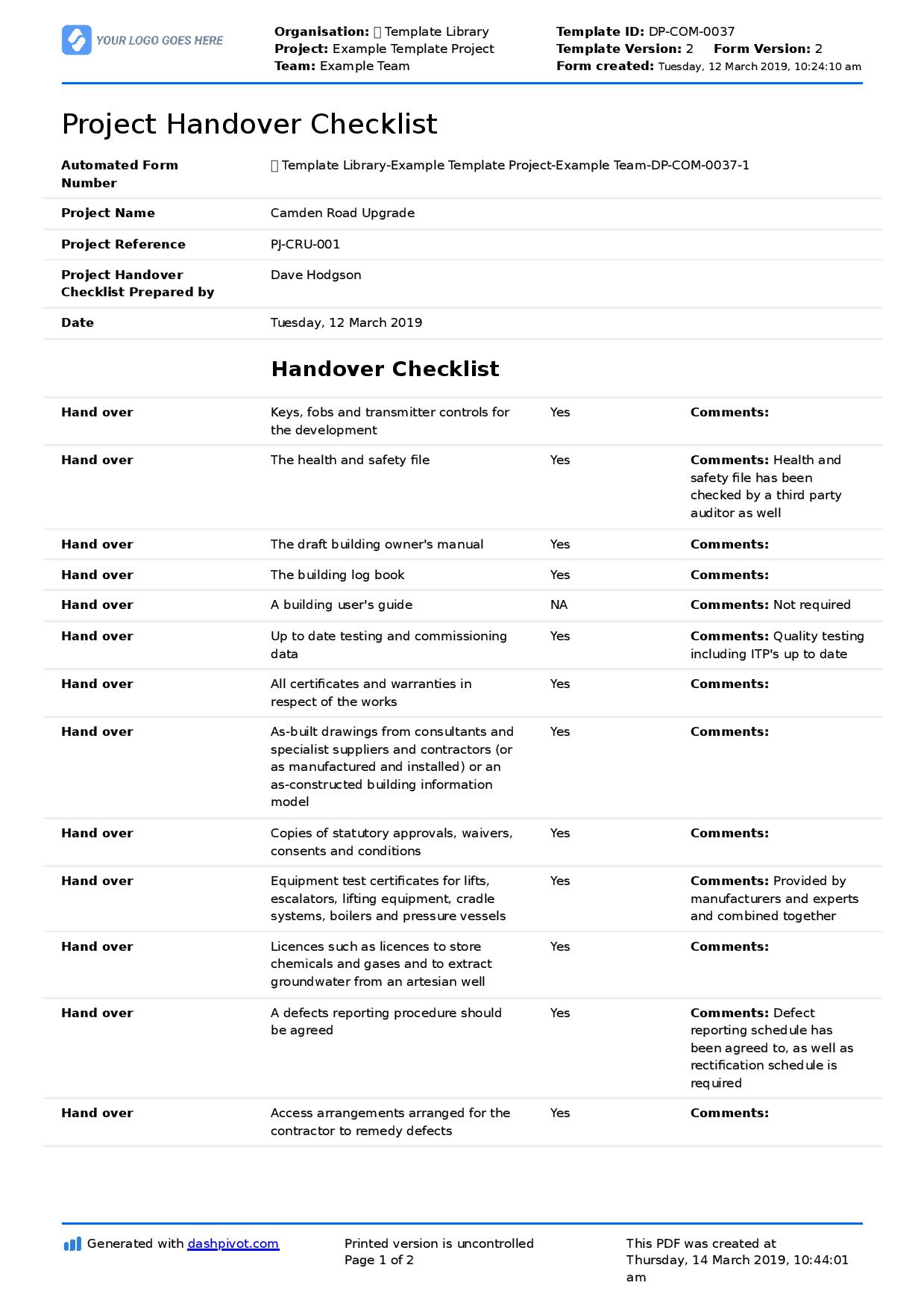 Construction Project Handover Checklist Template