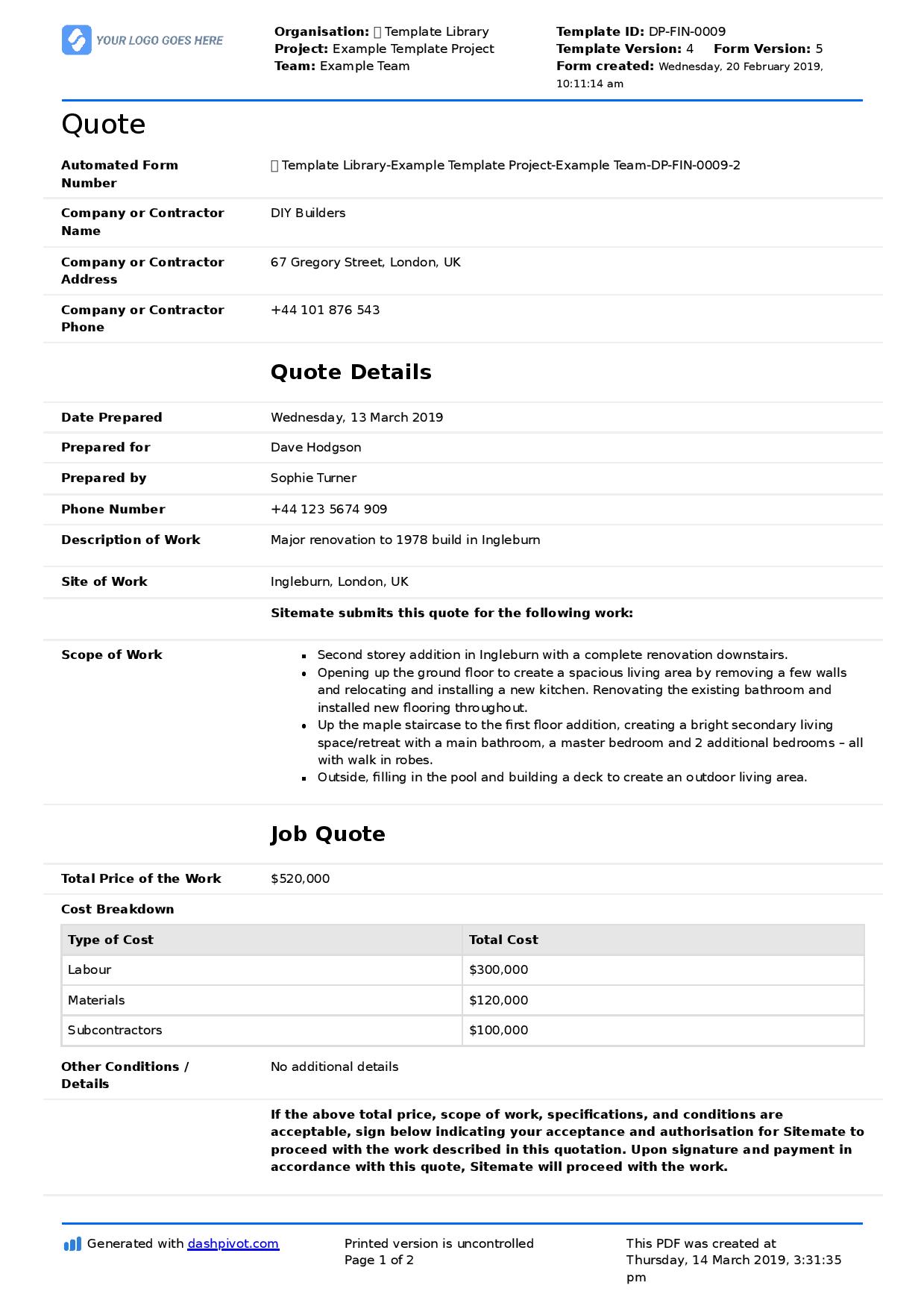 Construction quote examples