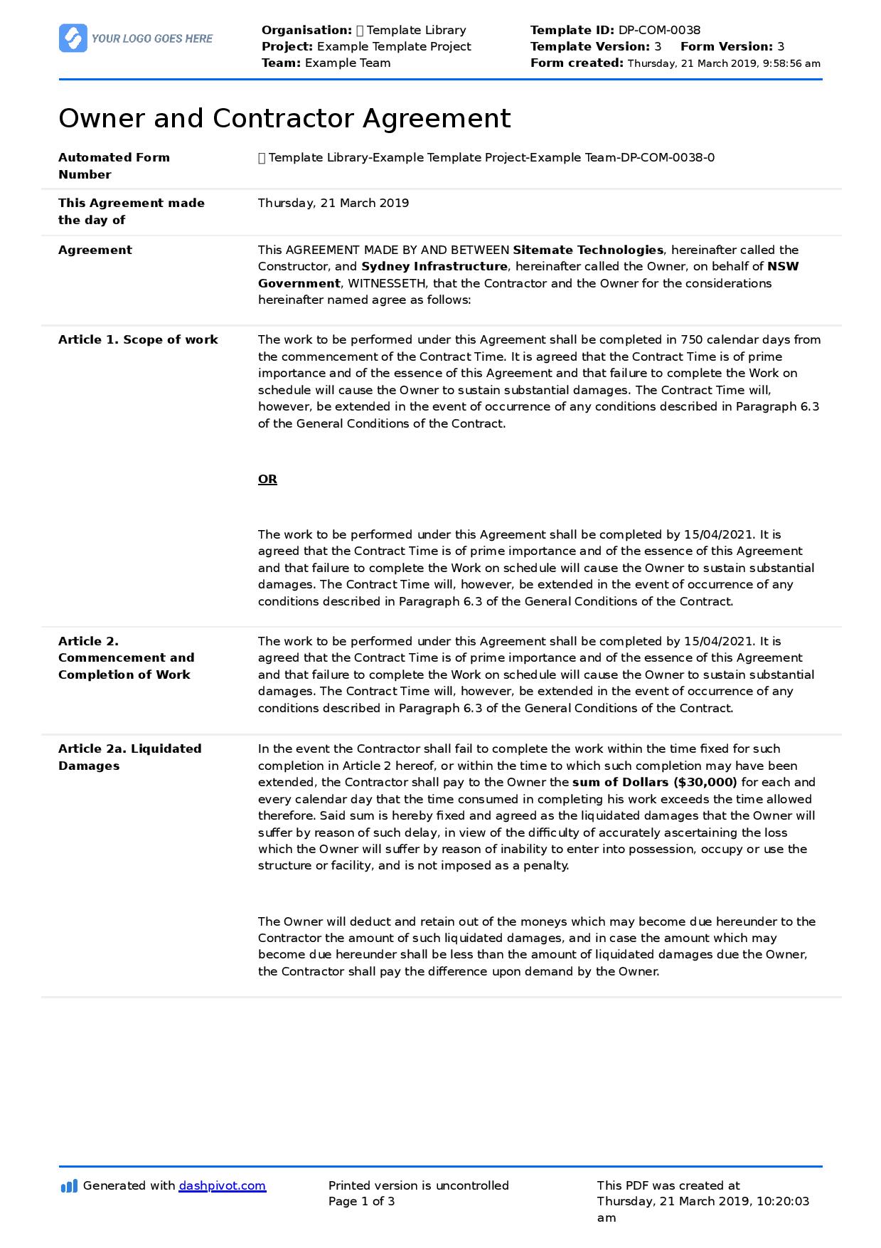 Agreement between owner and contractor