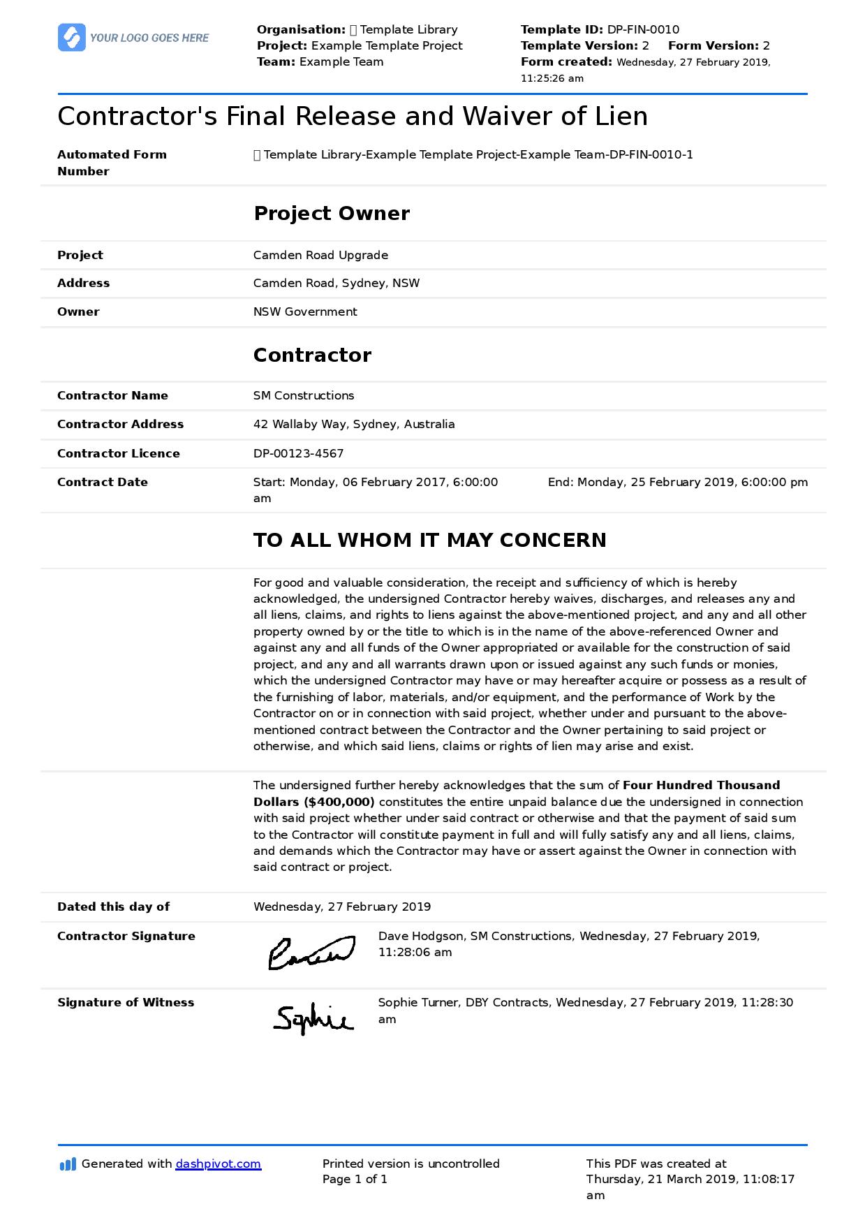 Example of lien waiver