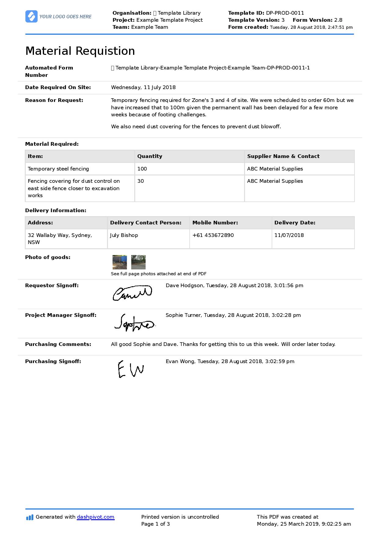 Material requisition form template