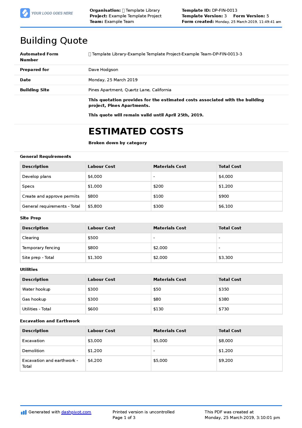 Building construction quotation sample PDF