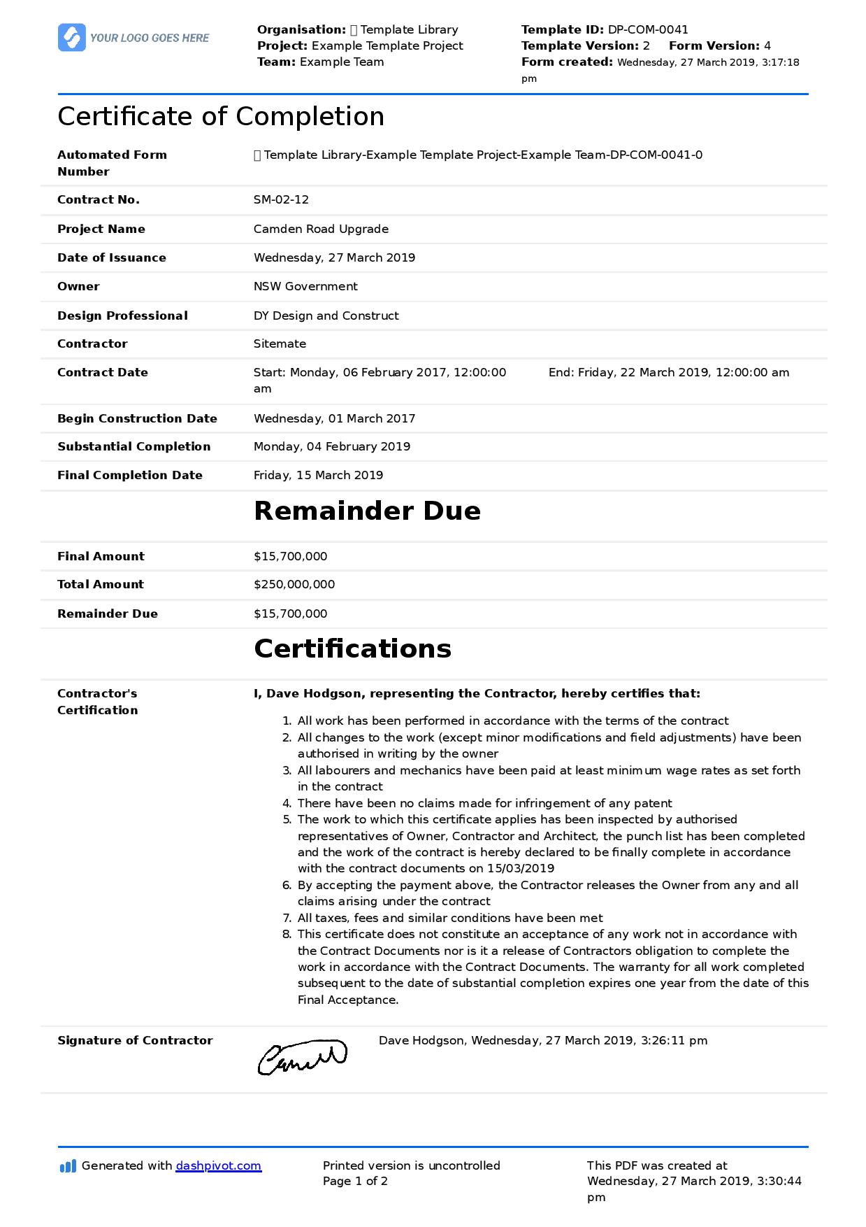 Certificate of Completion