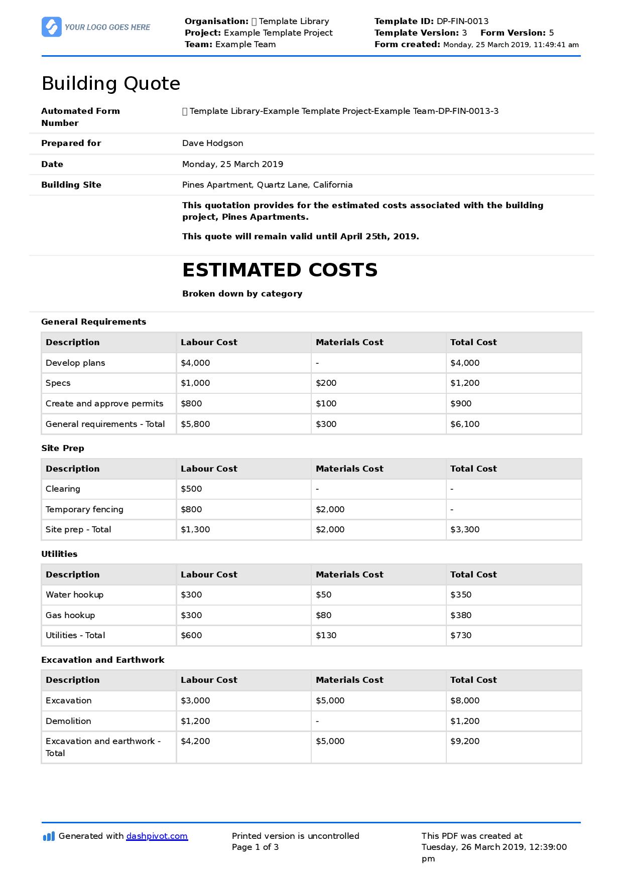 Construction quotation format