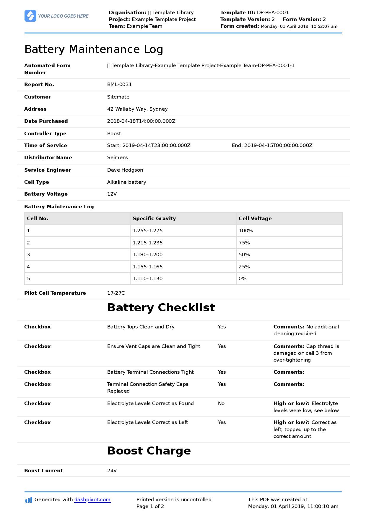 Battery maintenance log sheet template