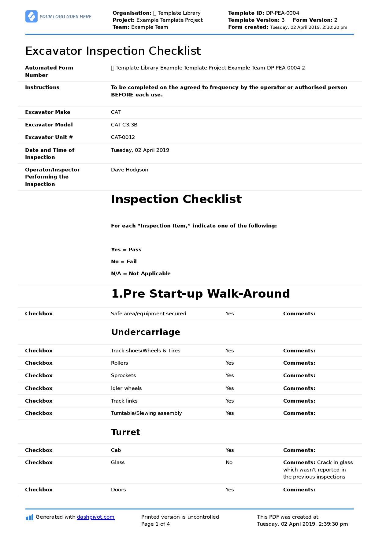 Excavator inspection checklist template