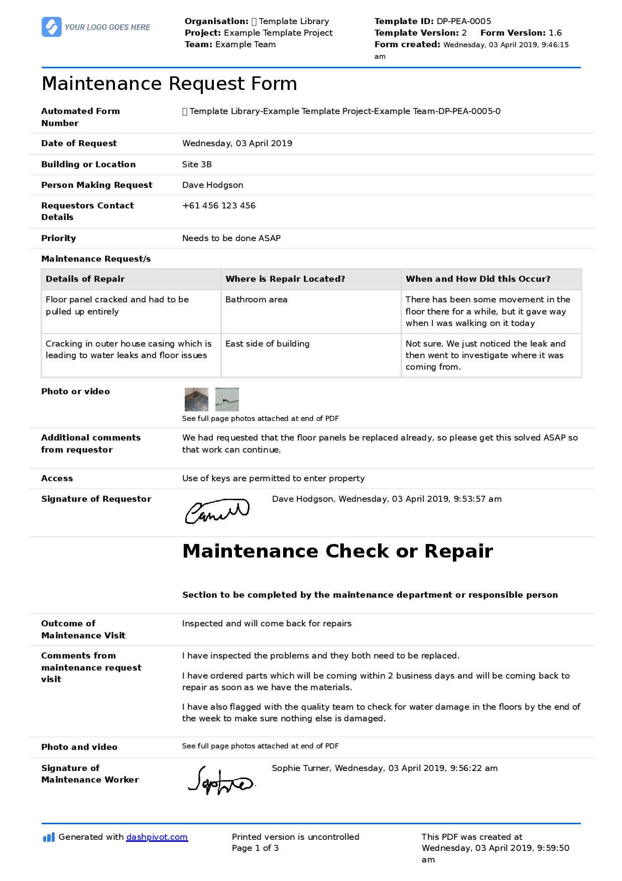 Maintenance request form template