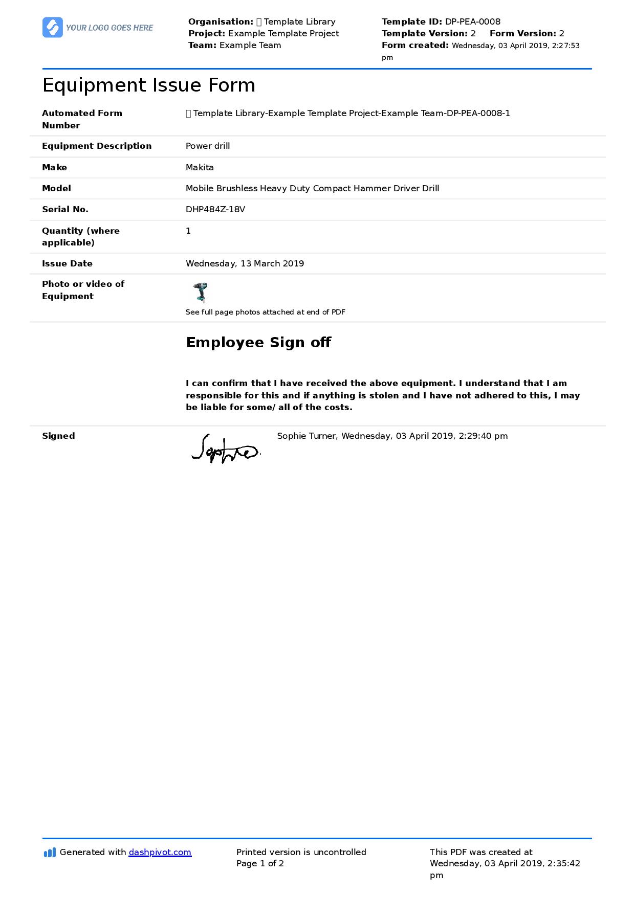 Equipment issue form template