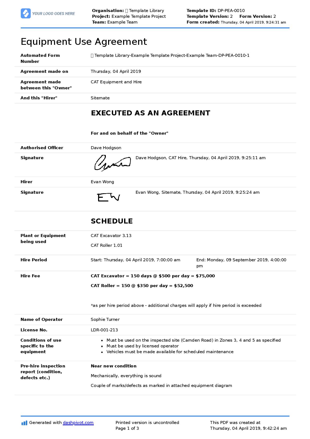 Equipment use agreement template