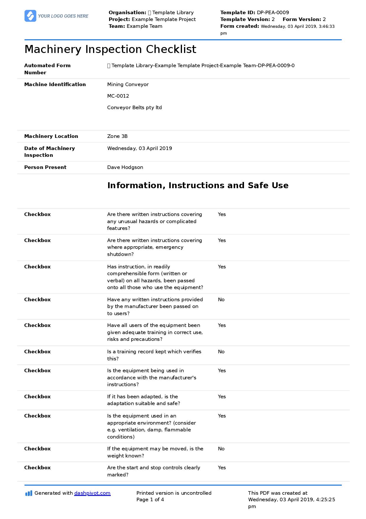 Machinery Inspection Checklist