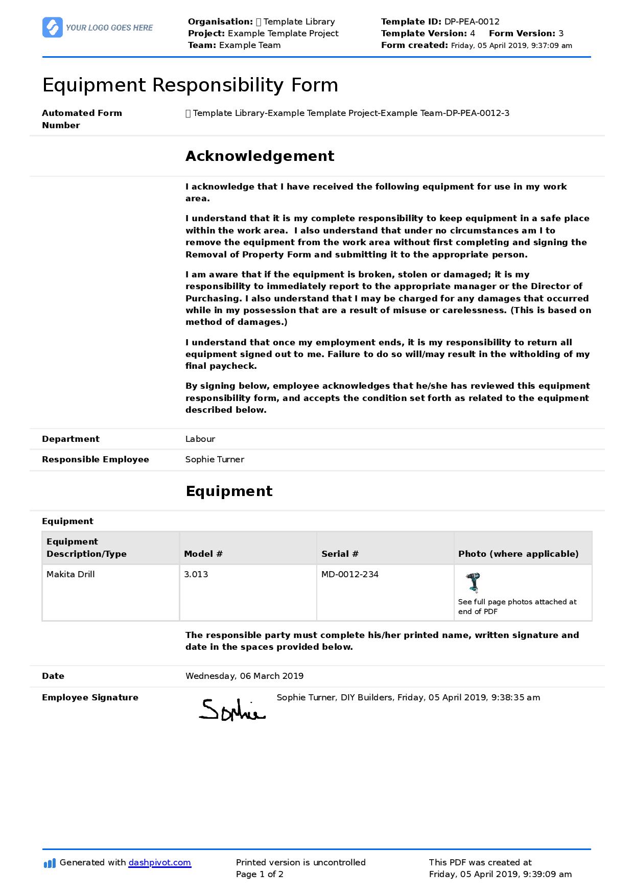 Employee Equipment Responsibility Form Template