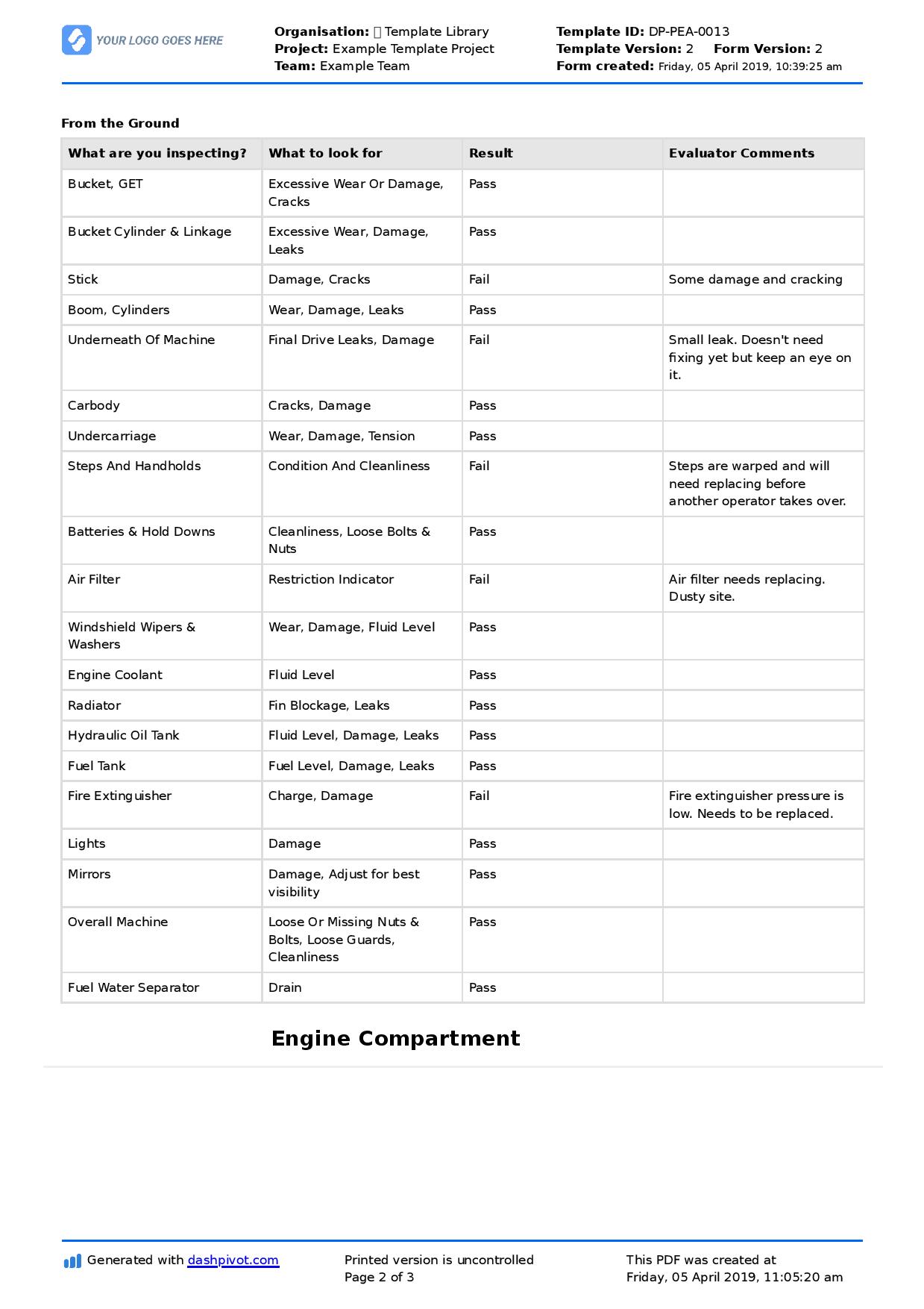 Excavator maintenance checklist template
