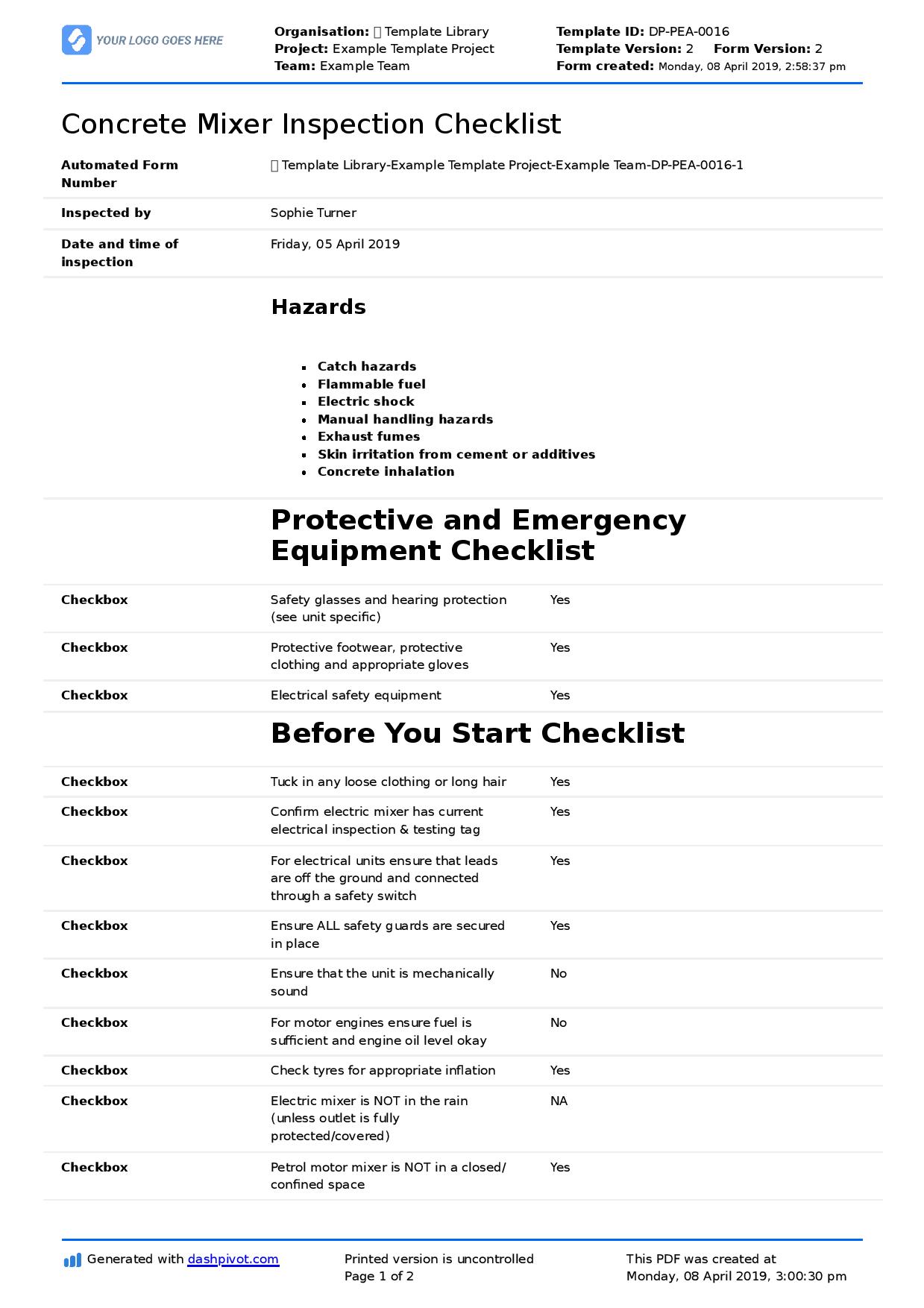 Concrete mixer inspection checklist template