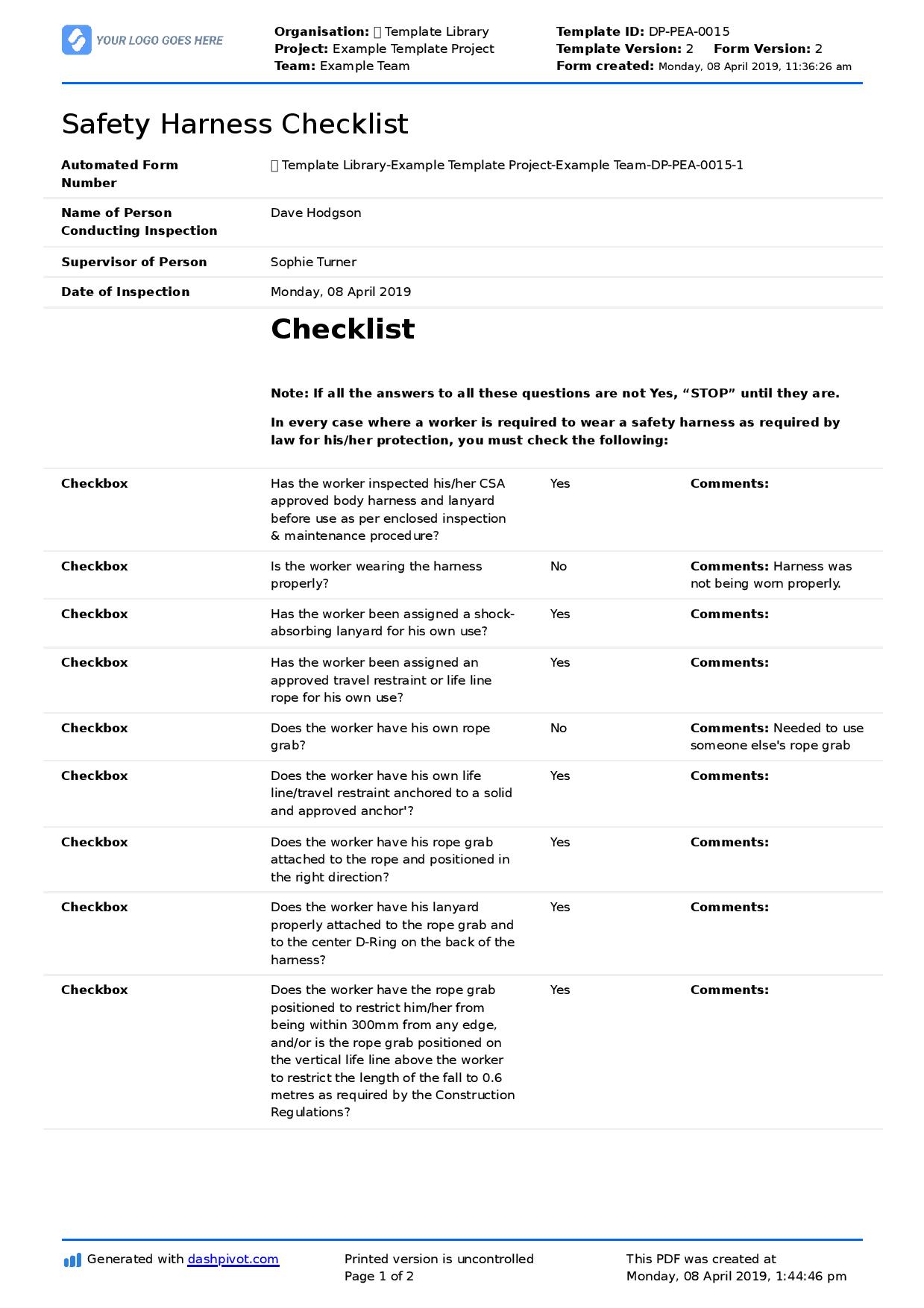 Safety harness inspection checklist template