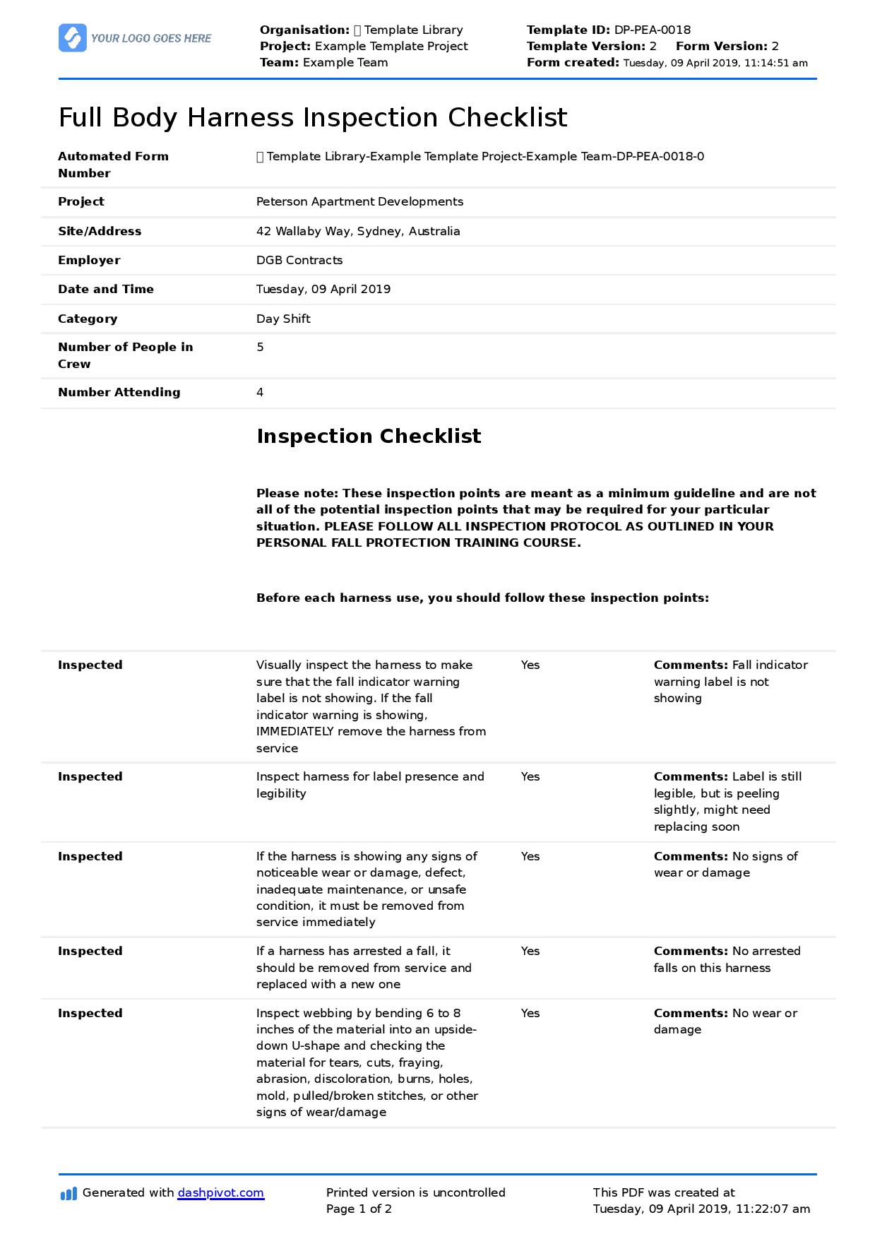 Full body harness inspection checklist