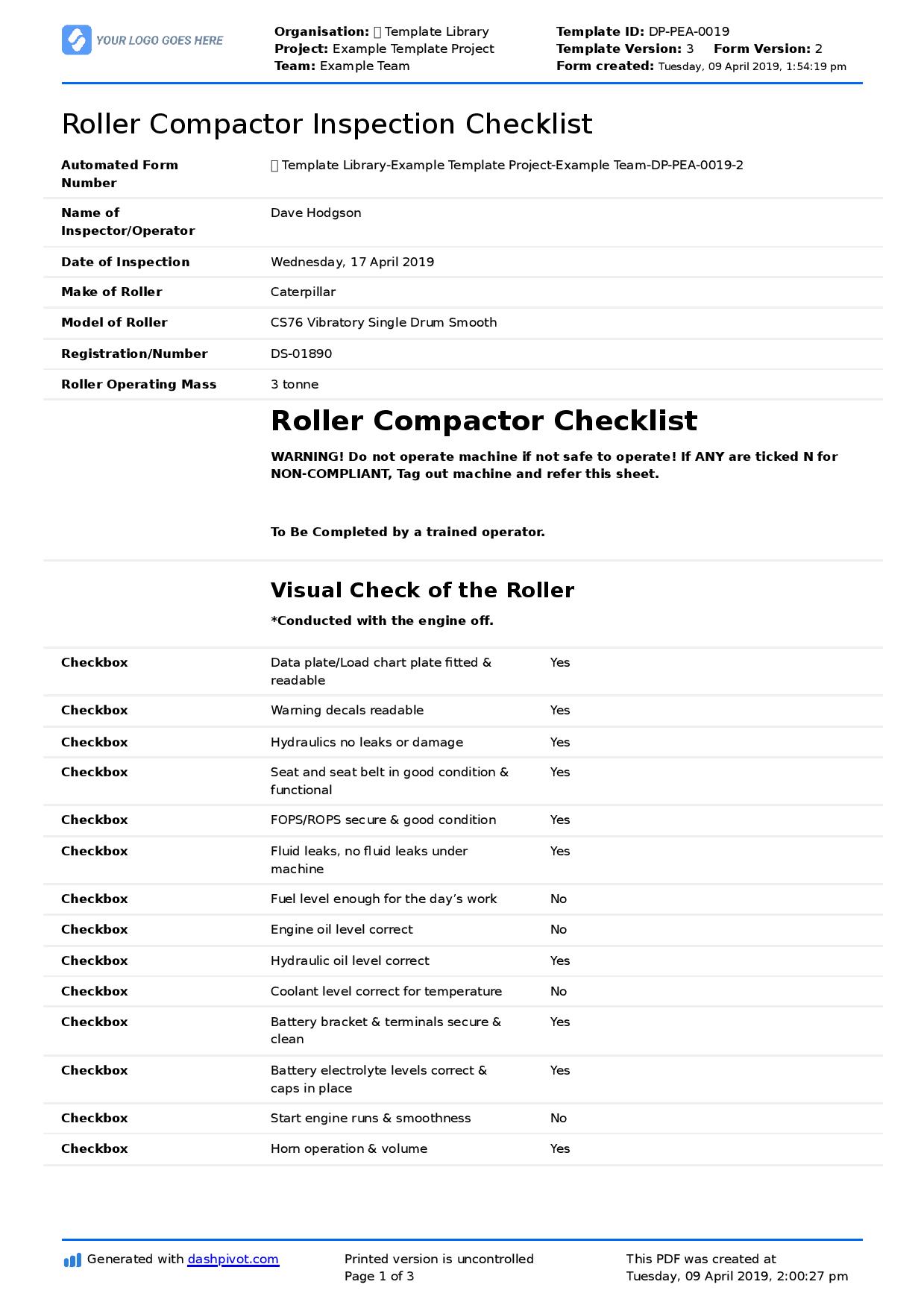 Roller compactor inspection checklist