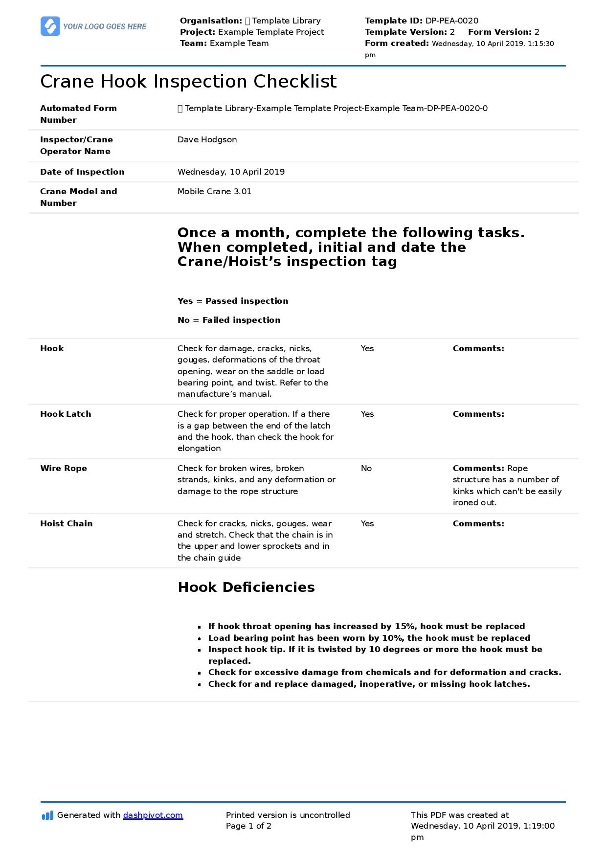 Crane hook inspection checklist