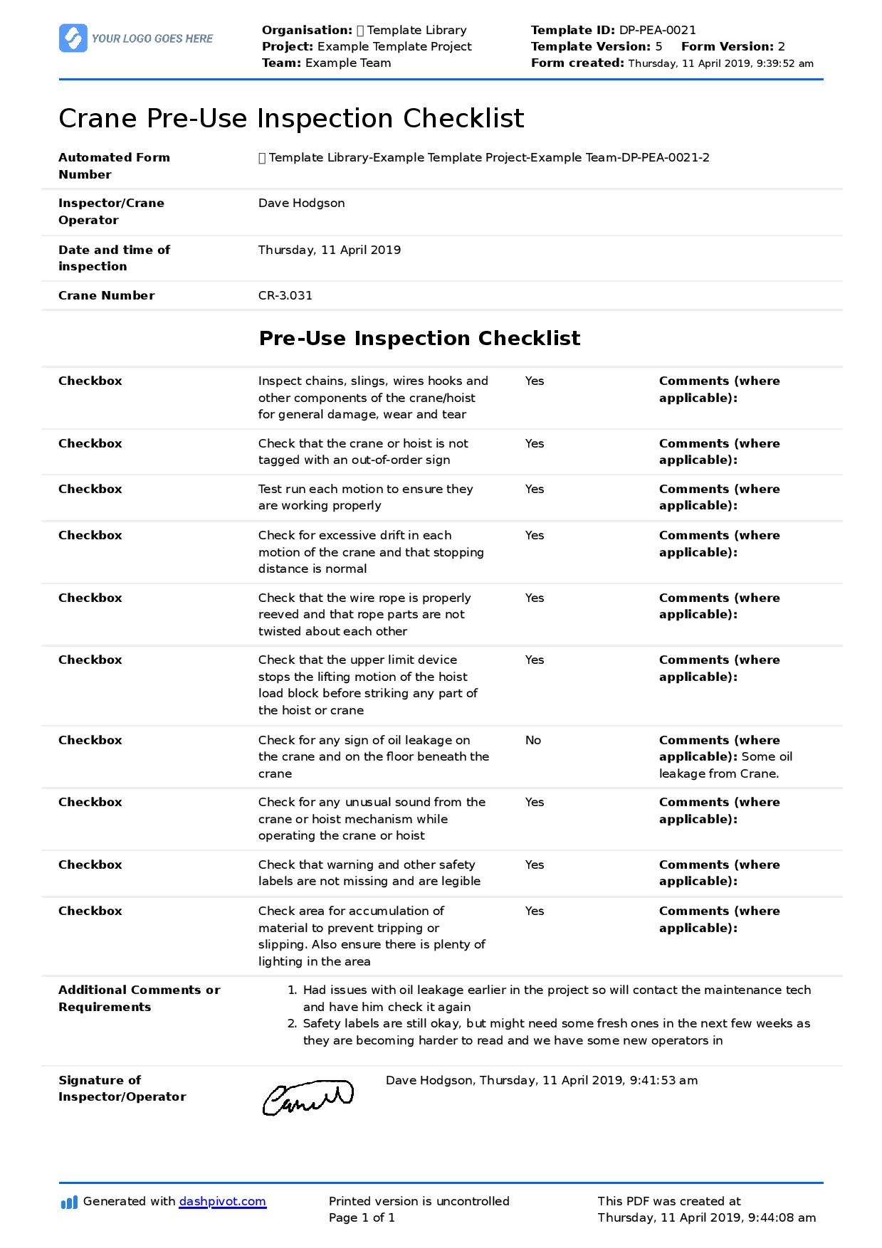 Crane pre-use inspection checklist