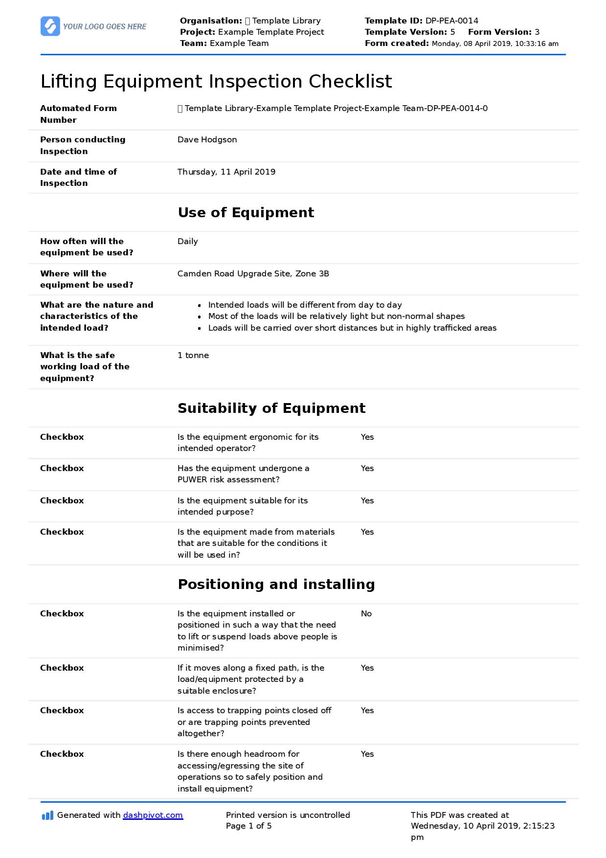 Lifting equipment inspection procedure PDF