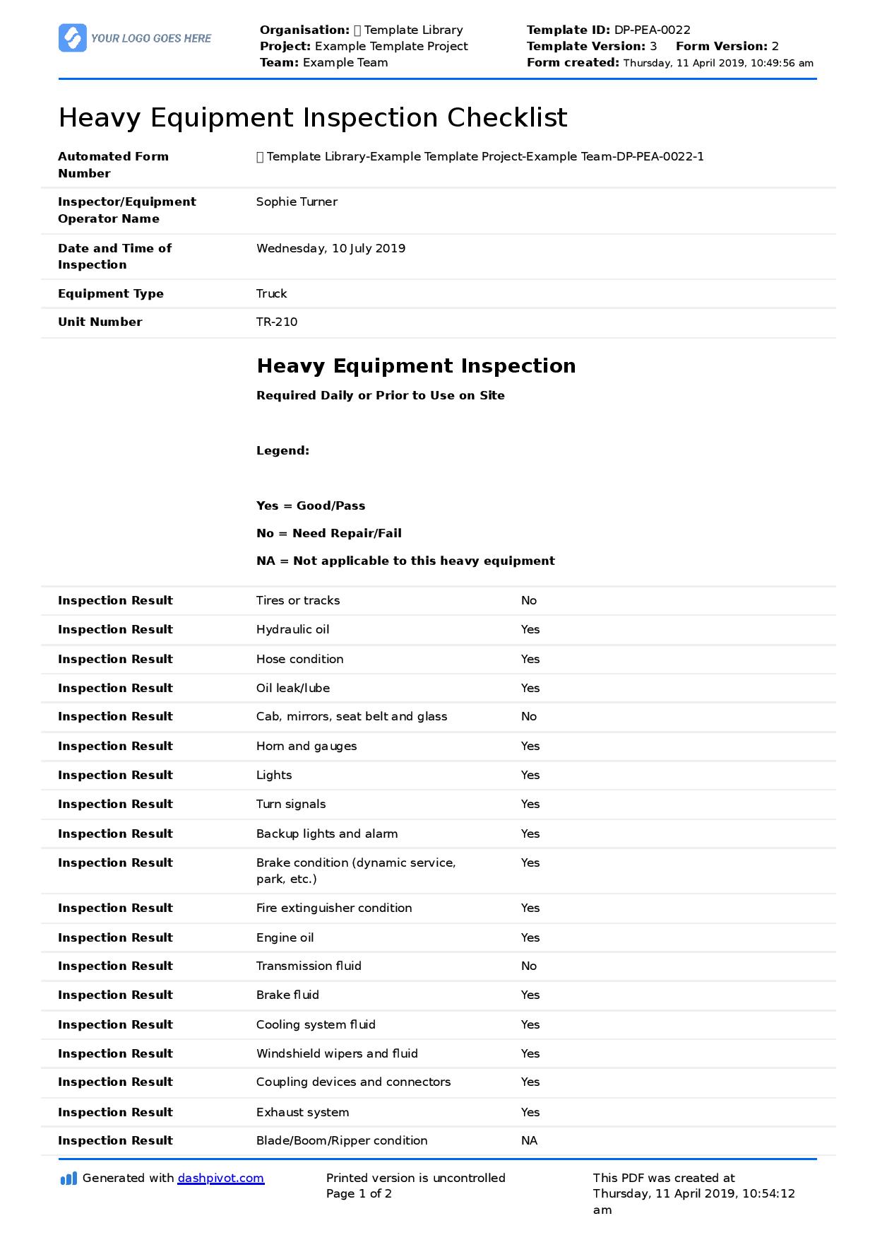 Heavy equipment inspection checklist template