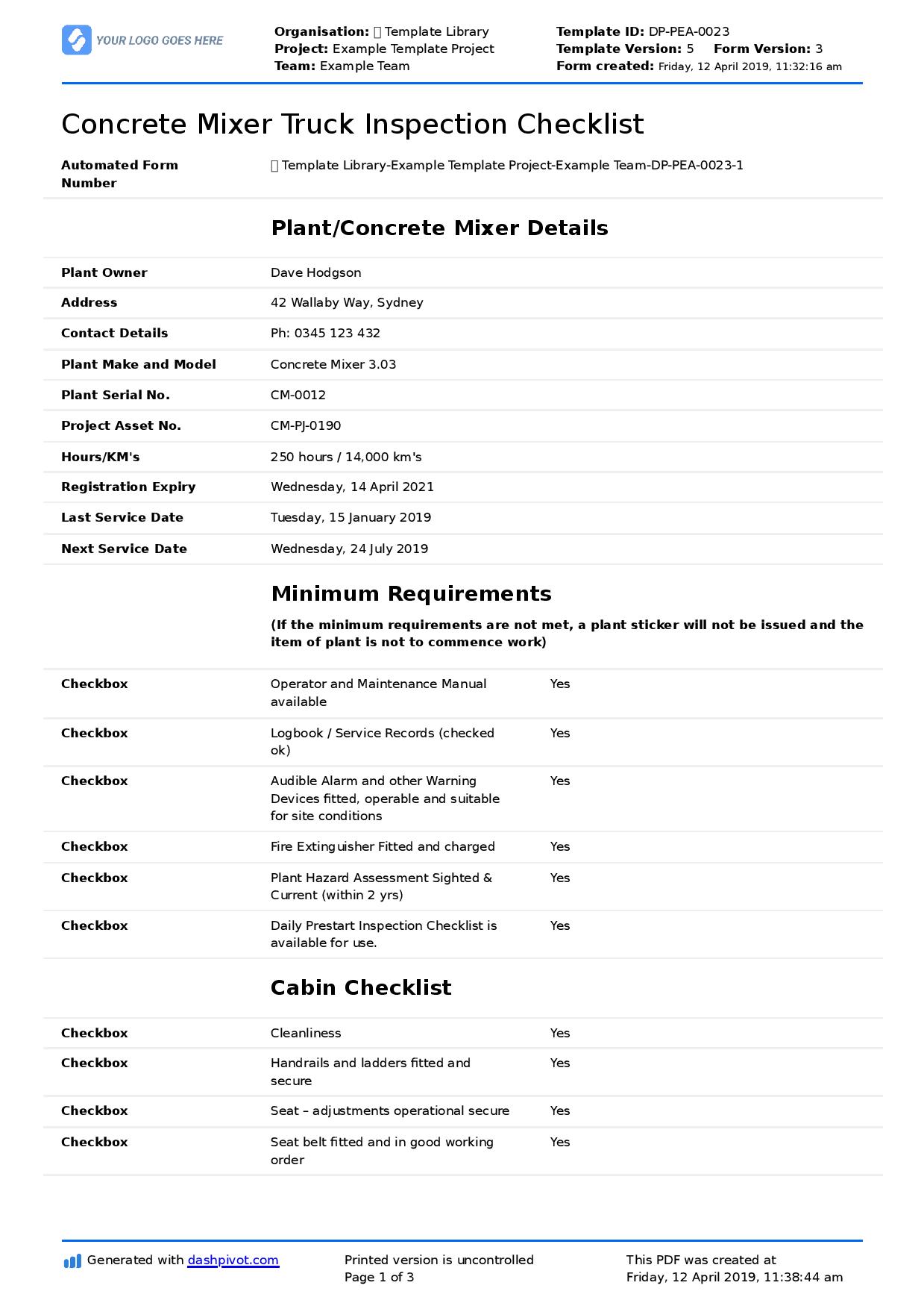 Concrete mixer truck inspection checklist