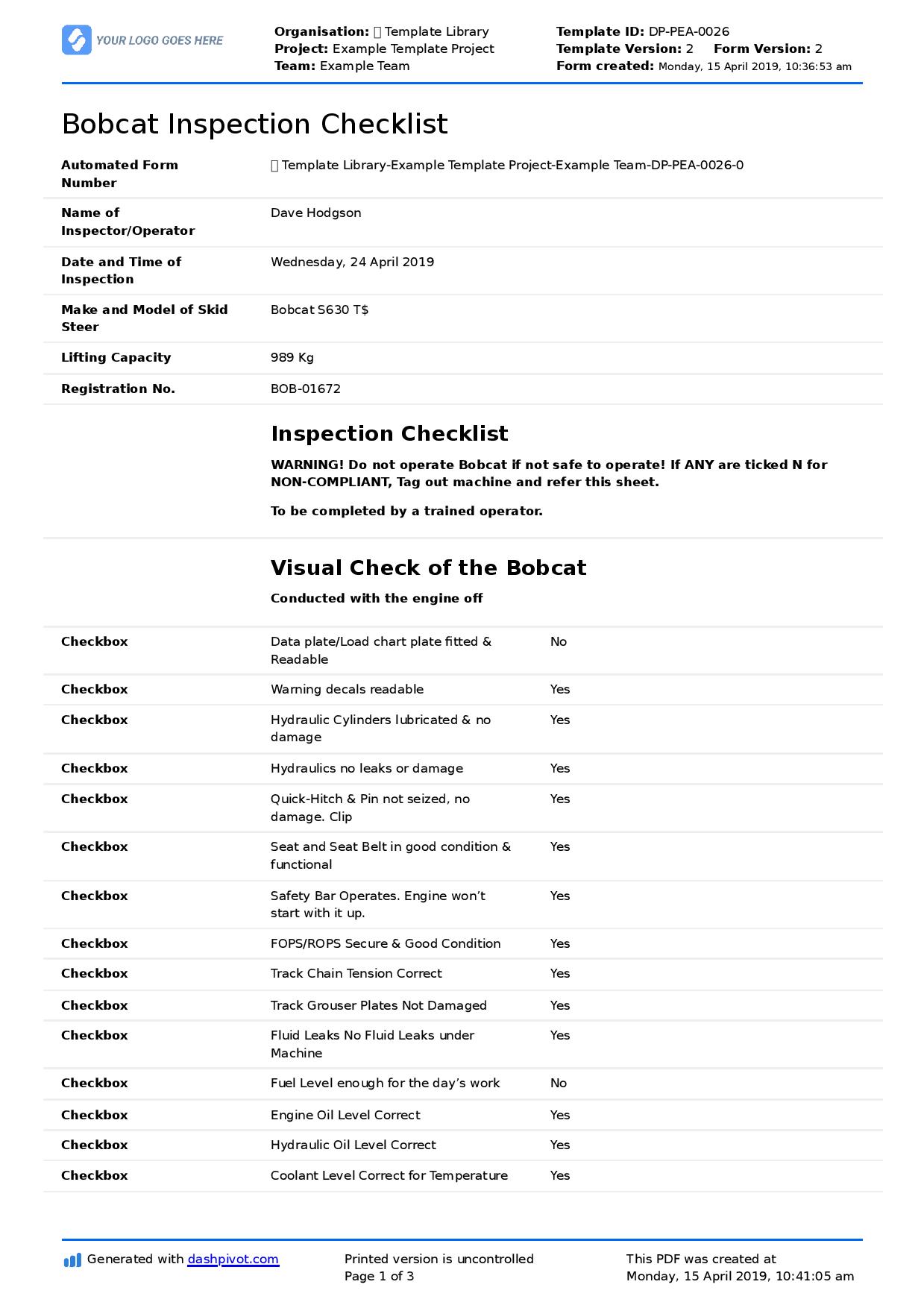 Bobcat inspection checklist