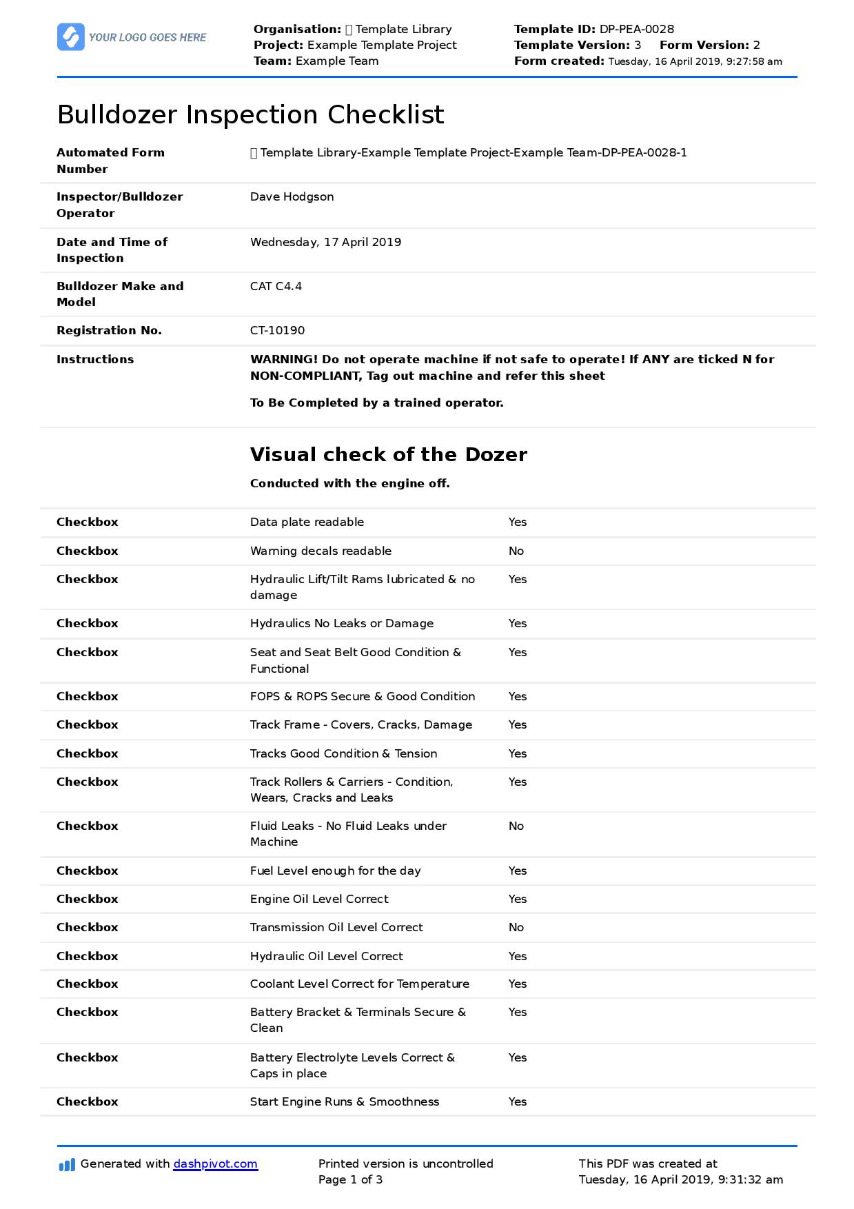 Bulldozer inspection checklist