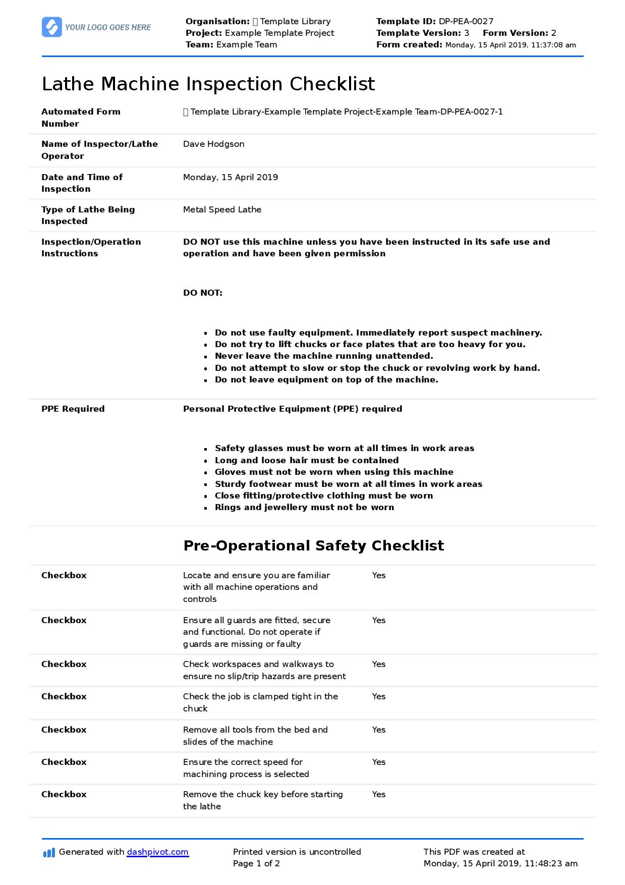 Lathe machine inspection checklist