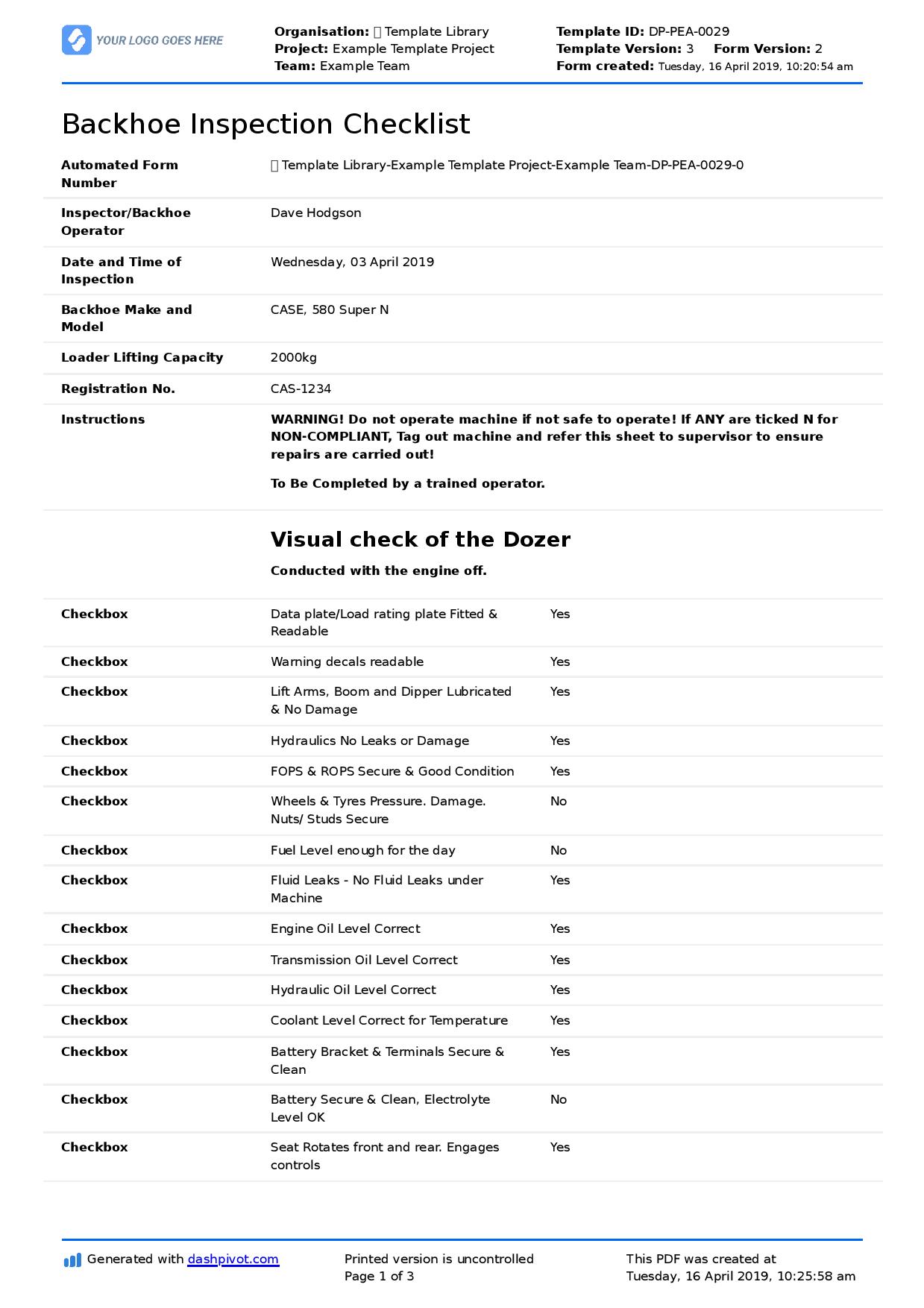 Backhoe inspection checklist