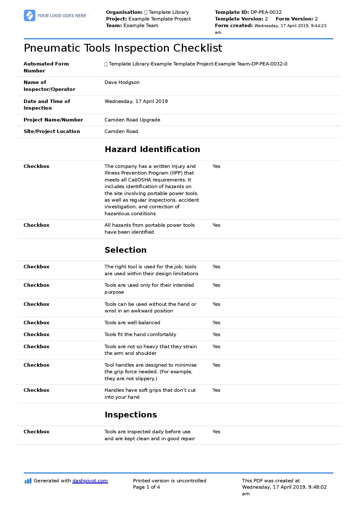 Pneumatic tools inspection checklist