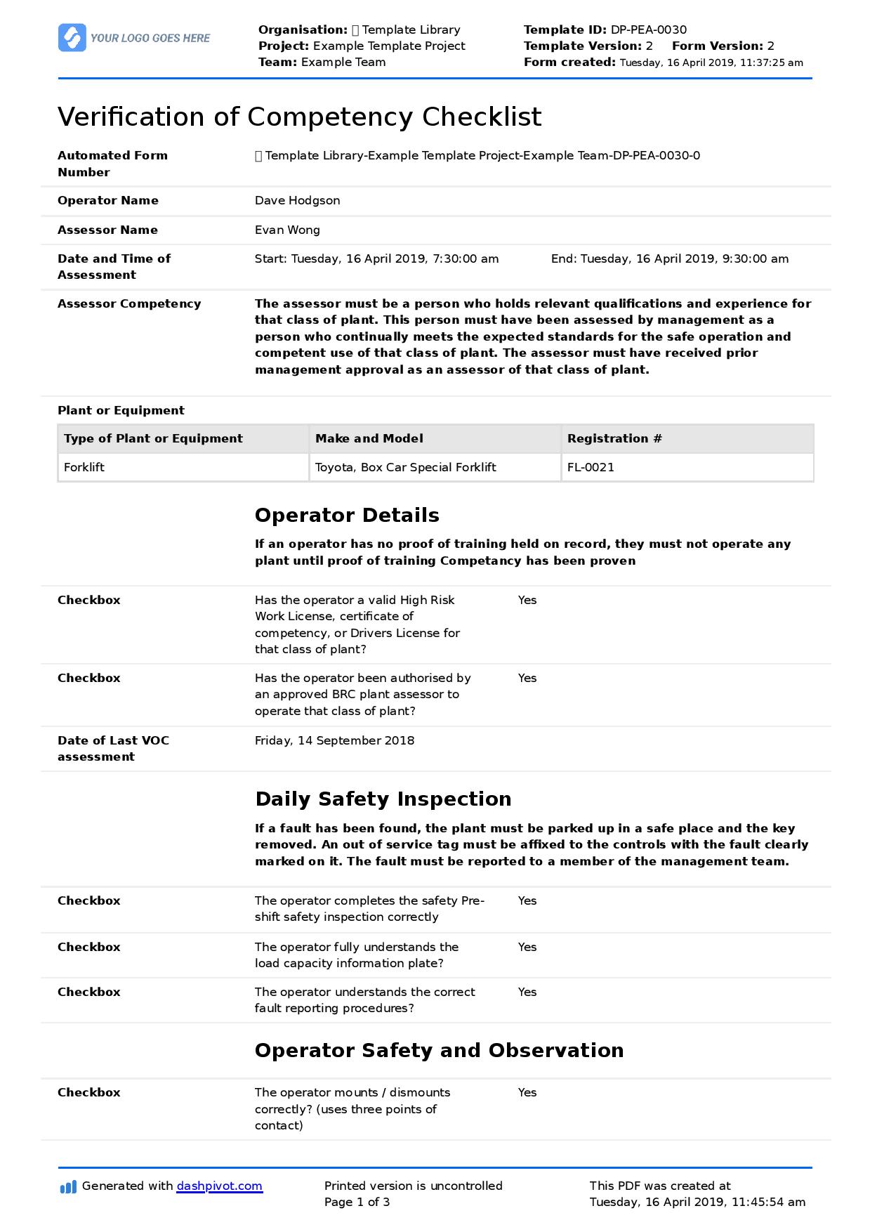 Verification of competency template