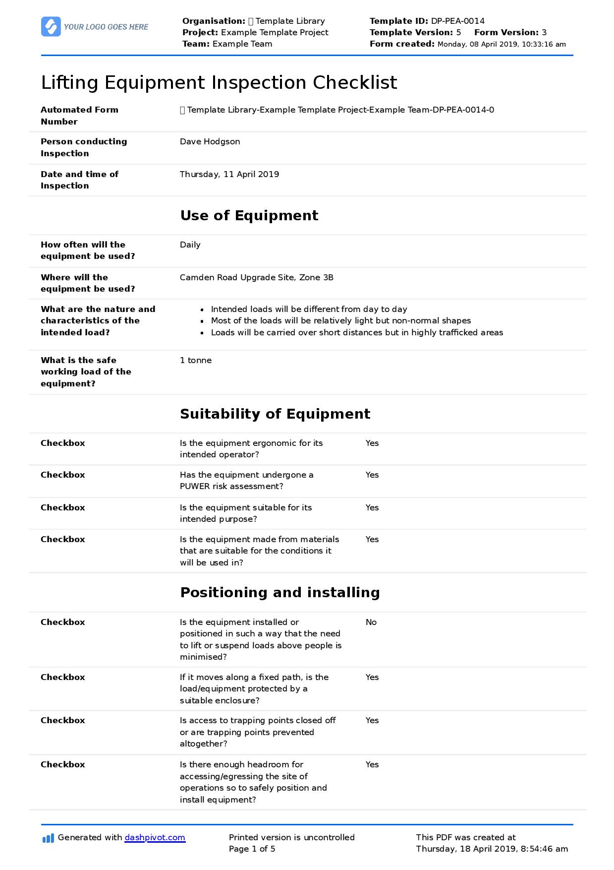 Lifting gear inspection checklist