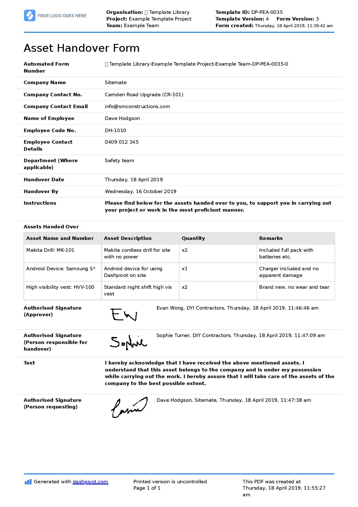 Asset handover form