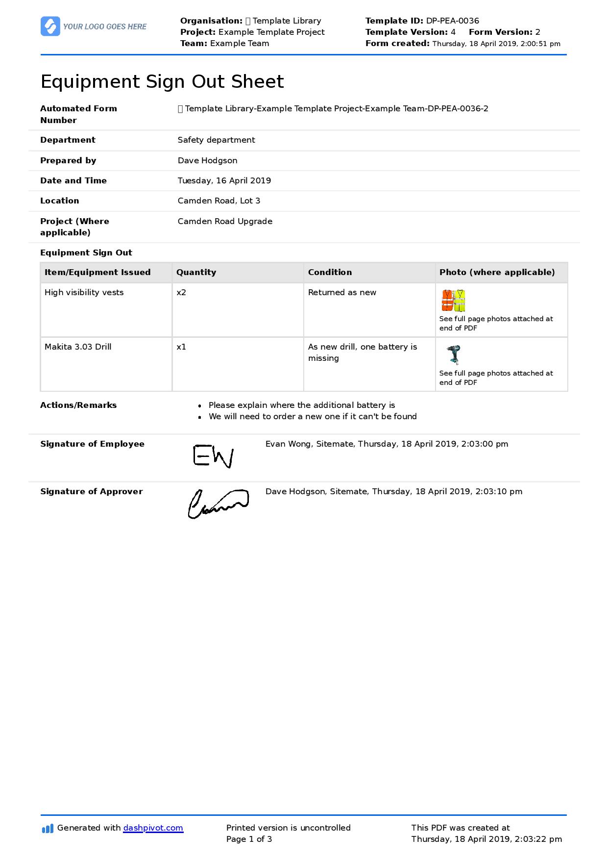 Equipment sign out sheet template
