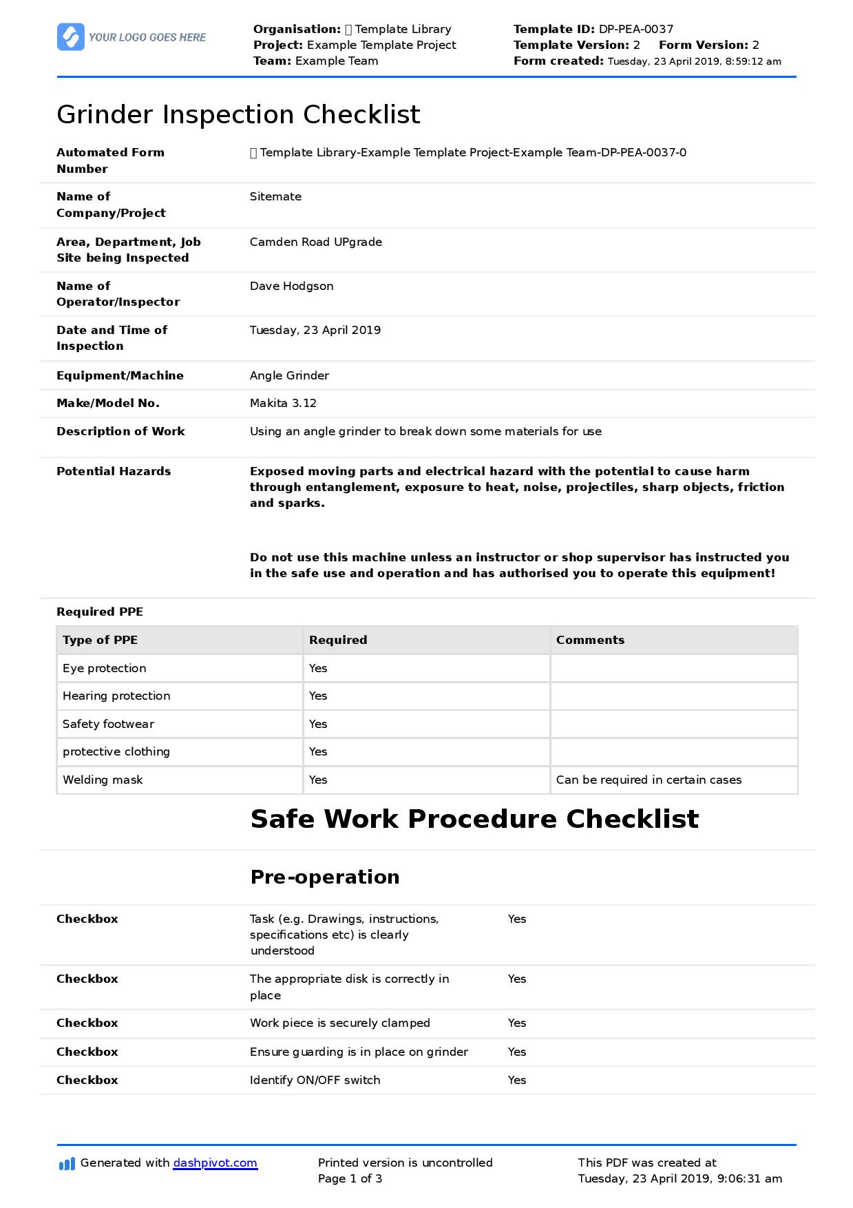 Grinder inspection checklist